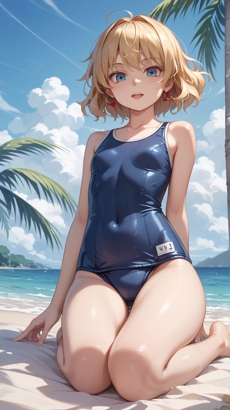 lovelive!,beach,School Swimsuit,See-through swimsuit,See-through swimsuit,Nipples visible through the swimsuit,From below,Spread your arms,Anime Nose, Anime Eyes,Small breasts,Small areola,(masterpiece, Highest quality:1.2), (masterpiece, Highest quality:1.2),shape,8k,HD Ultra Detailed Skins, body,anger, Browsing Caution,Yellow Eyes,look up,anger, From below,1 girl,alone,(Portraiture:1.2),