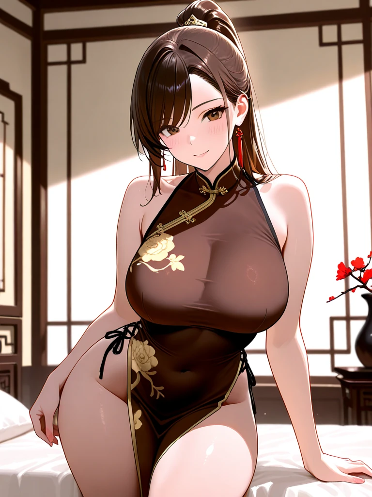 high resolution, adult woman , good lighting, despicable, , (no nudity), (((chinese dress))), (()), ((())), (garter belt), just abdomen, (), , cute face, yo'I'm embarrassed and blushed, humiliating, ((Turn around and look back)), ((transparentes))()(T-back)(a large amount is in the body,)
