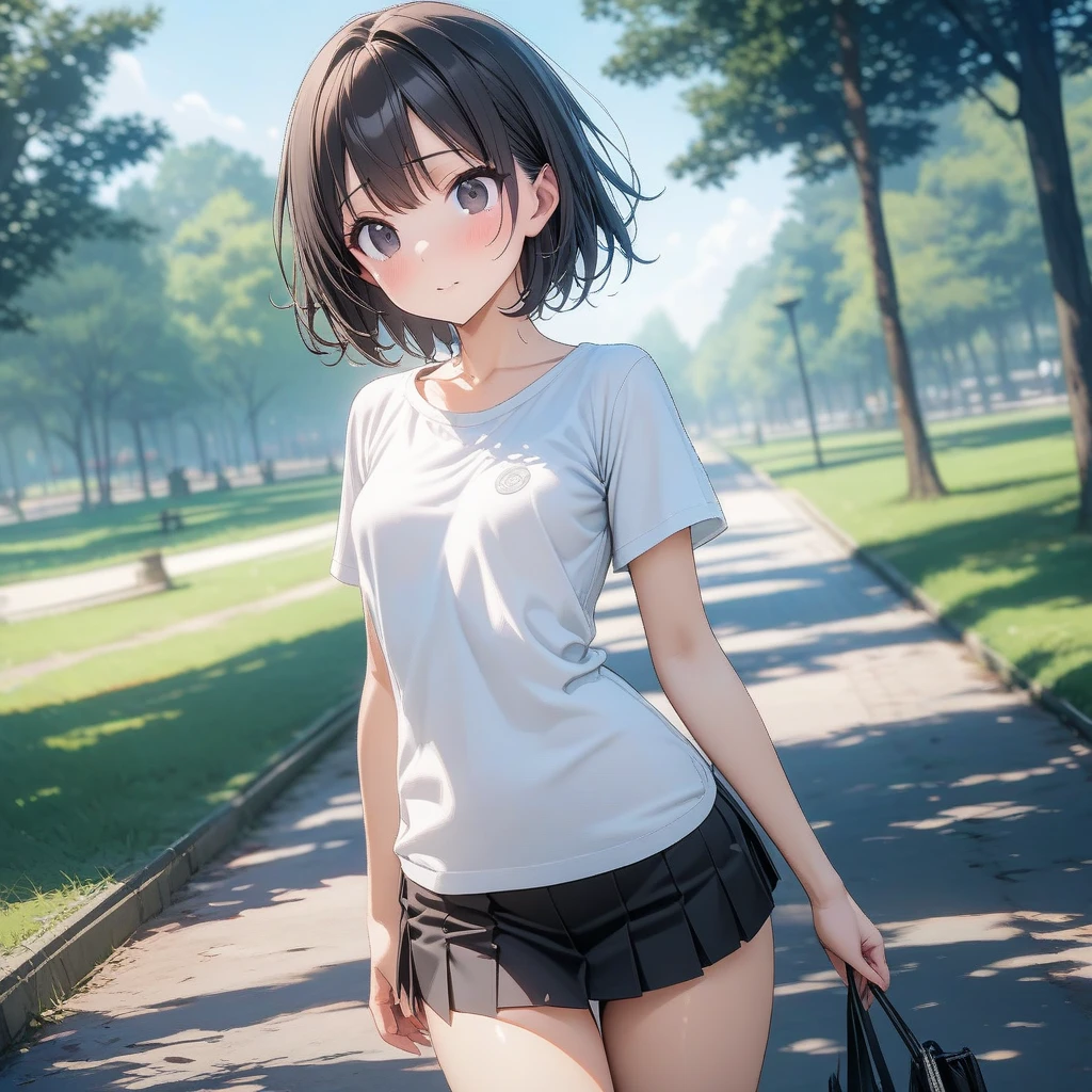 1shot,((perfect anatomy:1.3,realistic:1.3,RAW Photography:1.3,masterpiece、highest quality、Ultra - High resolution、High resolution、Highly detailed CG、8K)),cowboy shot,1 female,solo、20 year old beauty,Japanese,((beautiful detailed face and eyes,gorgeous eyes)),black hair,short hair,bangs,smile,((small breasts,ideal ratio body proportions:1.3,slender body,skinny,sweat)),(oily skin,gleaming skin,shiny skin),(t-shirt,Pleated mini skirt),standing,garden、Playground equipment、Outdoor、sunlight、