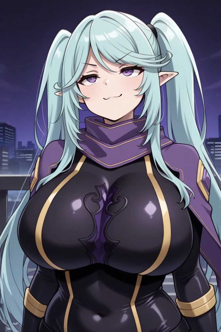 beautiful woman, purple hair, blue eyes, glowing eyes, freckles, gigantic breasts, cleavage, thin body, extremely long hair, strapless bustier, frayed short shorts, thigh high boots, thin frame eyeglasses, bare arms, smiling, blushing, ultra detailed, castle interior