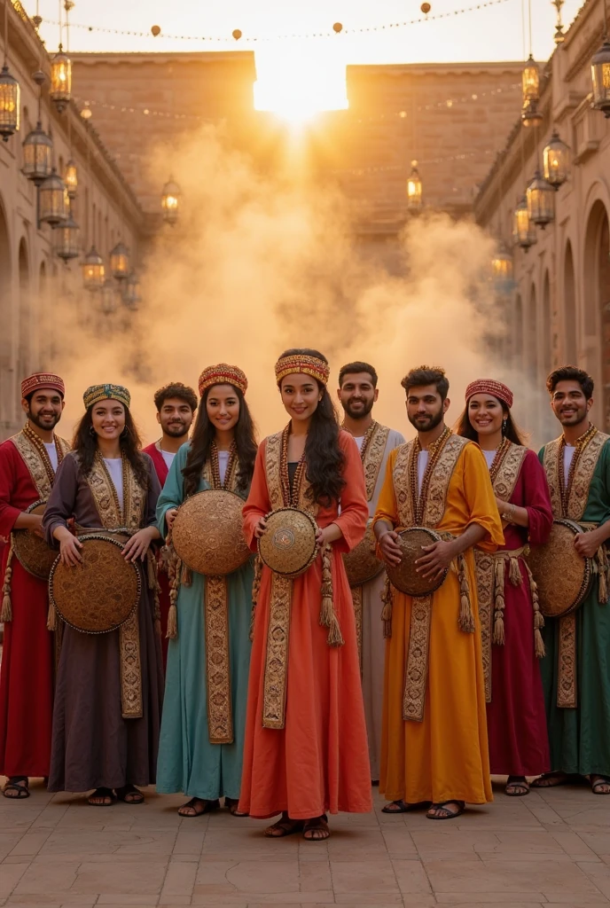 A group of people from different famous religious backgrounds standing together, smiling. They are wearing traditional attire or symbols representing Christianity, Islam, Hinduism, Buddhism, and Judaism. The background is a natural setting with bright and warm colors, symbolizing unity and harmony.