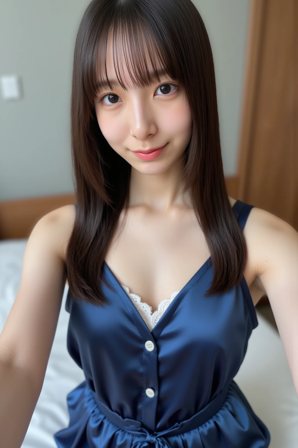 full shot, 12 years old Japanese idol, bangs, (polka dot panties:1.2), smaller face, smile, looking at viewer, in bedroom, (night:1.8)