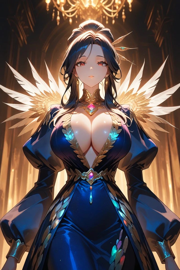 (((outstretched hands, out stretched fingers, outstretched fingers))) black hair, bare shoulder, red eyes, very long hair, cleavage, large breasts, dress, showgirl skirt, high-leg, cleavage cutout, tiara, bare thighs, gauntlets, bare shoulder, bare nails, bare fingers, bare hands, good hands, best hands, Correctly aligned fingers, extremely detailed hands and fingers, ultra detailed hands and fingers, super detailed hands and fingers, perfect female hands and fingers, biologically accurate hands and fingers, 4 fingers and 1thumb accurate hands and fingers, beautiful hands and fingers, hands and fingers drawing, human hand and fingers, perfect arrangement of fingers, detail focus hands, perfection hands, better hands, adult face, fearless face, both arms, two arms, both hands, two hands, super fine illustration, masterpiece, masterwork, by famous artist, official art, ultra high res, best quality, high quality, Hand, detailed, perfect, perfection , hands, both hands is Thumb and index finger and middle finger and ring finger and little finger, even hands, panties, thighhighs, symmetrical bangs, gleaming skin, oil skin, shiny skin, wet skin, sweat, rouge, exquisite, beautiful,cg unity 8k wall paper, perfect face, ultra detailed beautiful face, perfect nose, perfect mouth, clear eyes, light eyes, perfect eyes, symmetrical eyes, even eyes, 16k, absurdres, perfect body, perfect anatomy, perfect proportion, perfect arms, perfect torso, symmetrical hands, symmetrical arms, reaching down fingers,