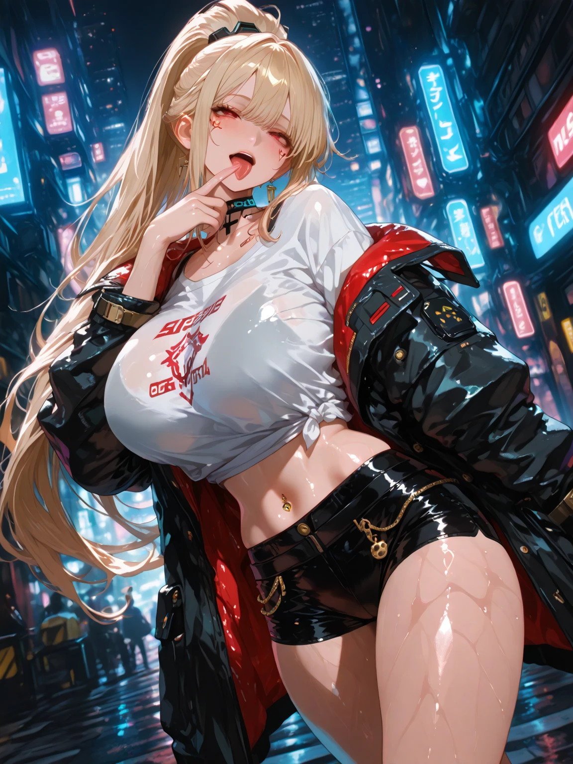 masterpiece,1girl, cleavage cutout,hoodie, <lora:CenterCutOutV1:1>,headphones, cityscape, standing,