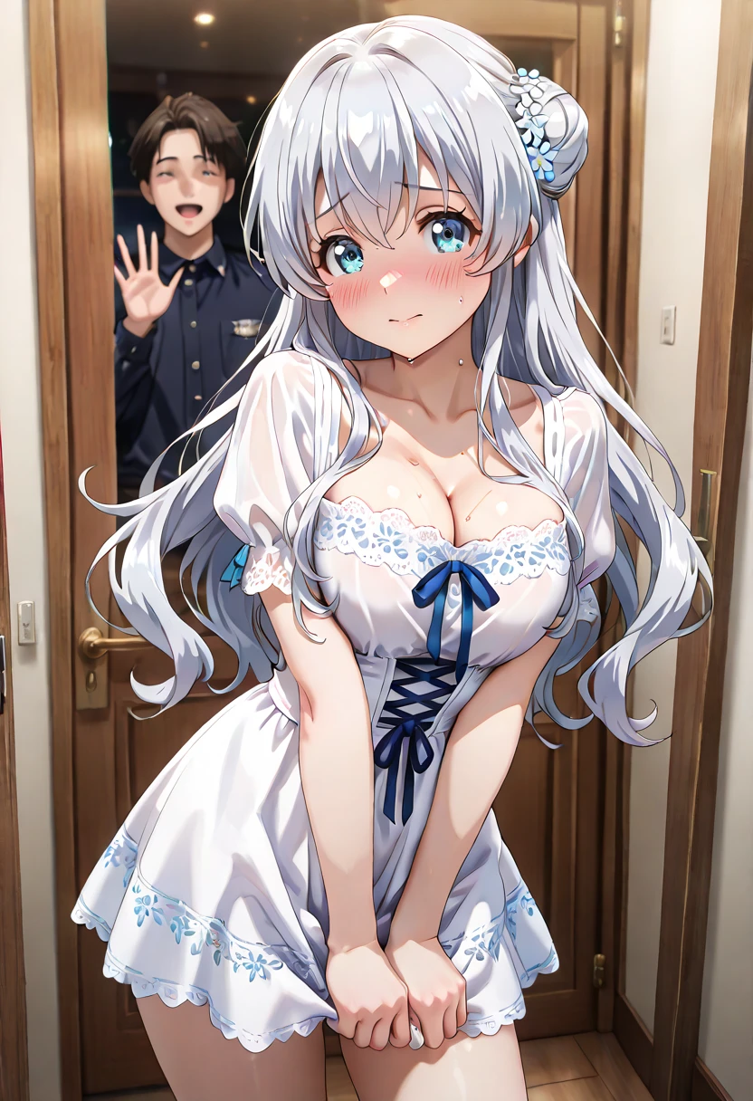 big breasts:1.5、、highest quality、very detailed、Very realistic eye masterpiece、highest quality、very detailed、gray hair、perfect face、long hair、white dress、sundress、nsfw、