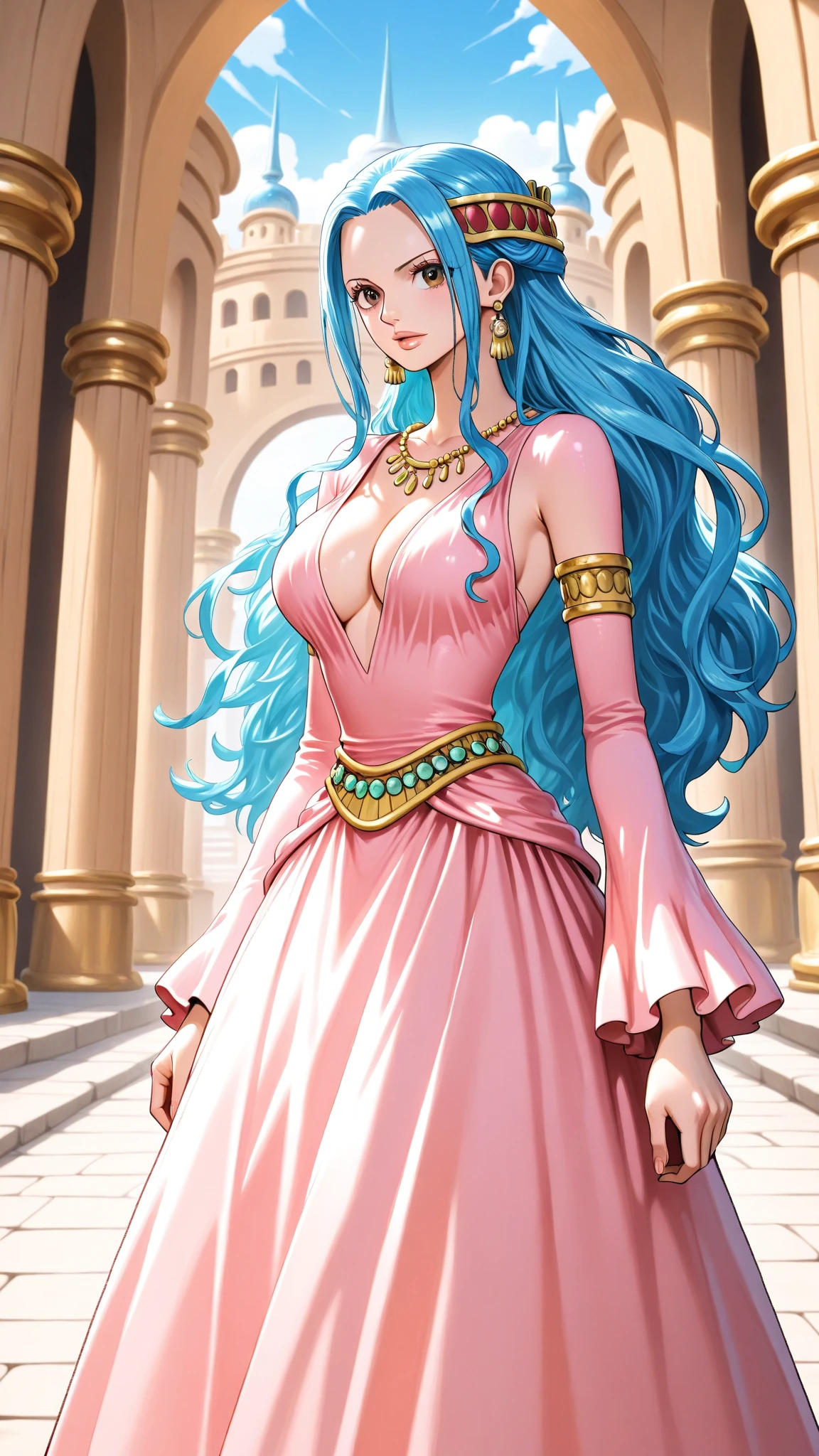 Saint seiya anime style, young adult woman, pale skin, yellow-green eyes, long wavy light blue hair, looking back with curious smile, black dress with red leather jacket, background ancient greek sanctuary