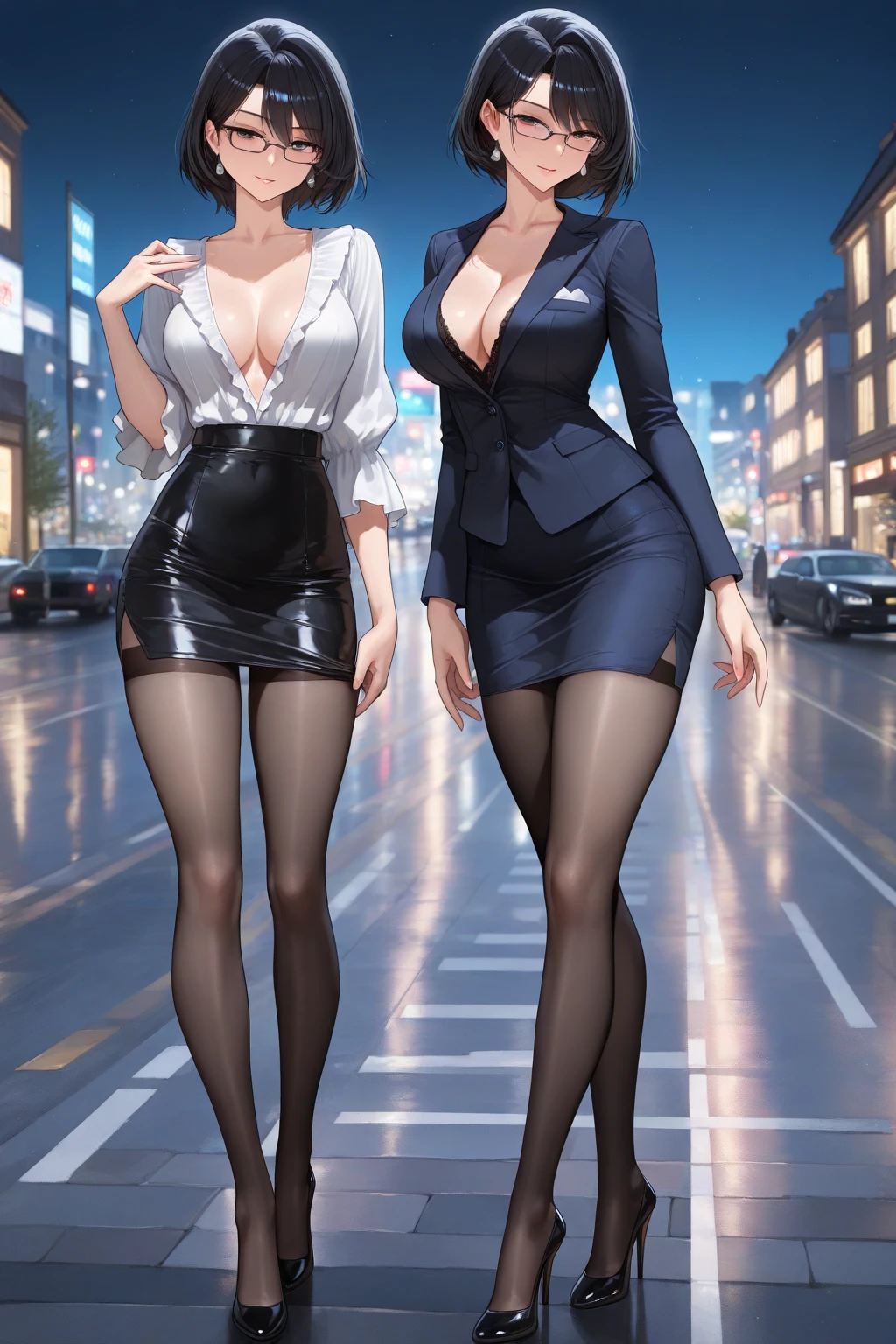 (Cool female police officer.Well-proportioned face.Beautiful white skin.Tall.Very muscular and slender body.Beautiful six pack abs.Big eyes.White Hair.Boyish long hair with a center part.I can see your forehead.Beautiful Blue Eyes.Heavy eye makeup.Dark lipstick.Tight waist.Very large breasts.Very large breastsの谷間.Beautiful light pink areola.Glowing skin).(A tight fitting shirt.The button is open and the chest is exposed..Clothes are see-through and nipples are visible.Tight Skirt.Long boots with black belts.I have a lot of piercings.stockings.garter belt.Uniform cap).(2 Beauty.Futuristic City.Walking through the town at midnight.Police car.the two of them.Holding a notebook in one hand.Serious expression.The eyes are narrowed)Perfect Face.Accurate human body.Accurate 5 fingers.High resolution.It&#39;s dynamic.Full body image
