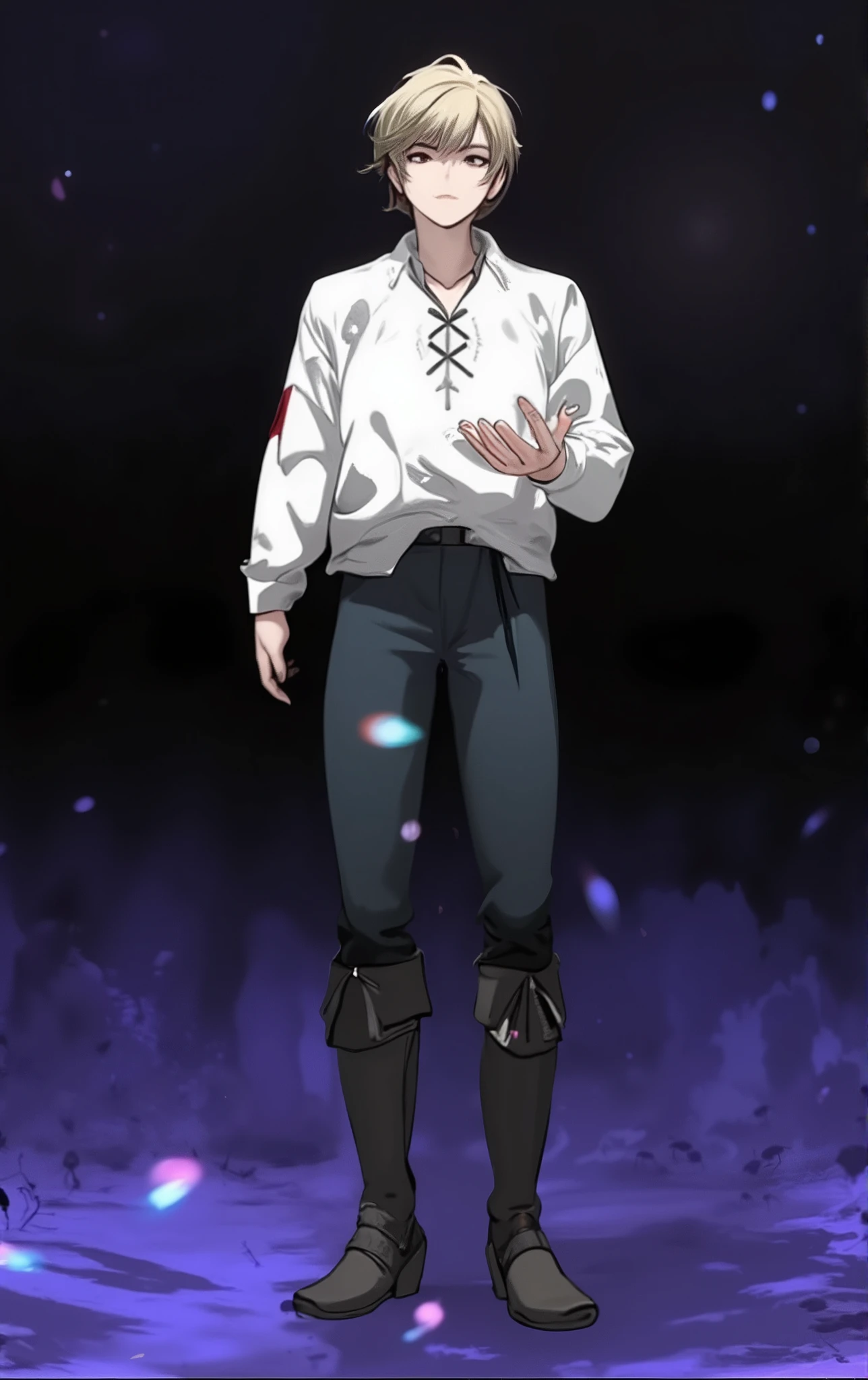 masterpiece, best quality, ultra-detailed, anime style, heroic female warrior, standing bravely against a massive swarm of ants, epic battle scene, strong and determined expression, wind blowing through her hair, sword in hand, dramatic lighting, backlight, insects charging from the distance, ground shaking, cinematic perspective, low angle view, intense atmosphere,man , 2D anime illustration, cel-shading, bold outlines, deep cleavage,  armor
