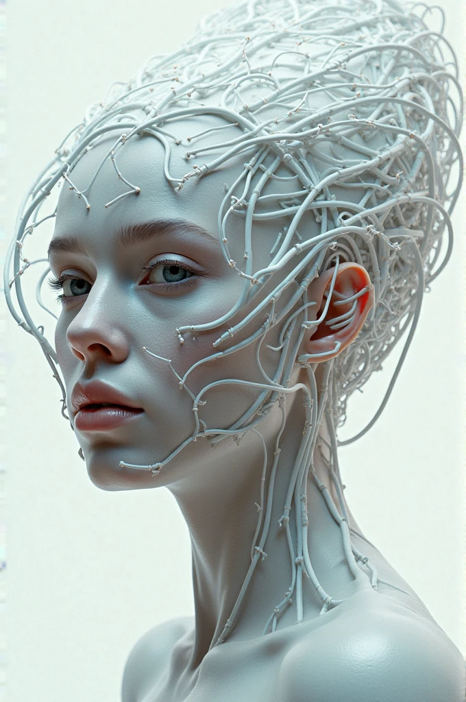 (masterpiece, top quality, Best Quality, official art, beautiful and aesthetic:1.2), (1 girl), Upper part of the body,extremely detailed,(fractal art:1.3),showy,more detailed,((ultra detailed)), (highly detailed CG illustration), ((an extremely delicate and beautiful)),(from the front),cinematic light,((1 girl mecanica)),Alone,Whole body,(machine made gaskets:1.2),((mechanical limbs)),(Blood vessels connected to tubes.),(mechanical vertebra attached to the back),((mechanical cervical fixation to the neck)),((dark white and light white,hollow body)),((pure white))