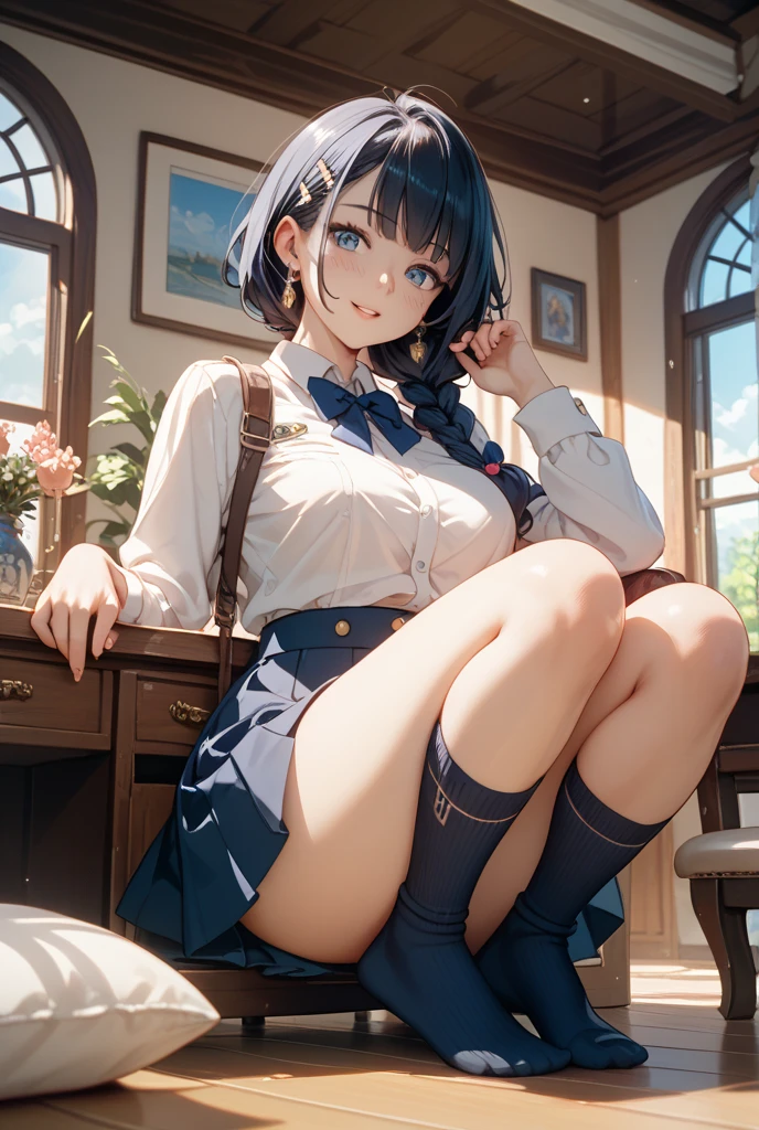 (masterpiece, best quality), 1girl, <lora:eines_20240212_2:0.8> eines, white shirt, blue ribbon, grey skirt, boots, socks, frills, eines,