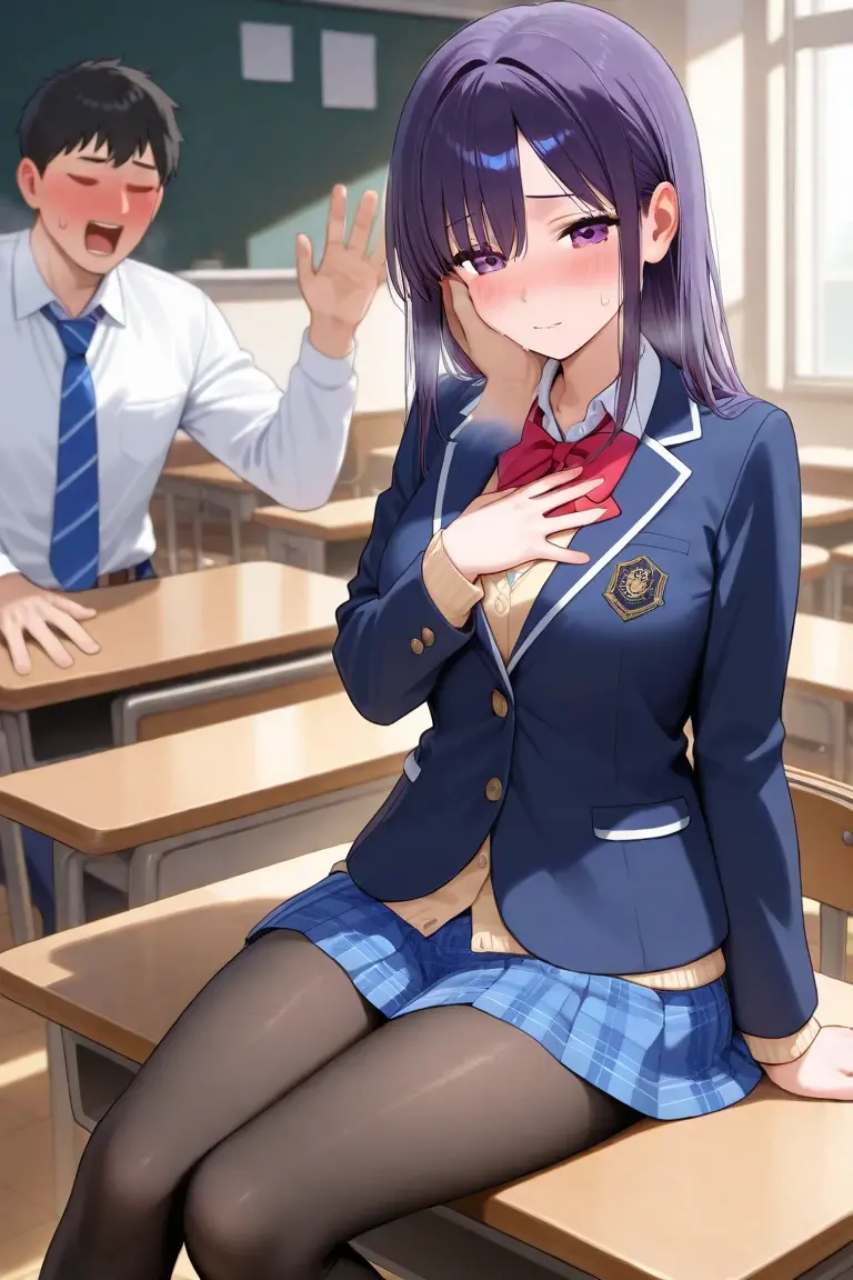 best quality, masterpiece, 1girl, double handjob, 2boys, penis,  Shinoa Hiiragi, purple hair, braided hair, purple ribbon, grey serafuku, green necktie, black skirt,