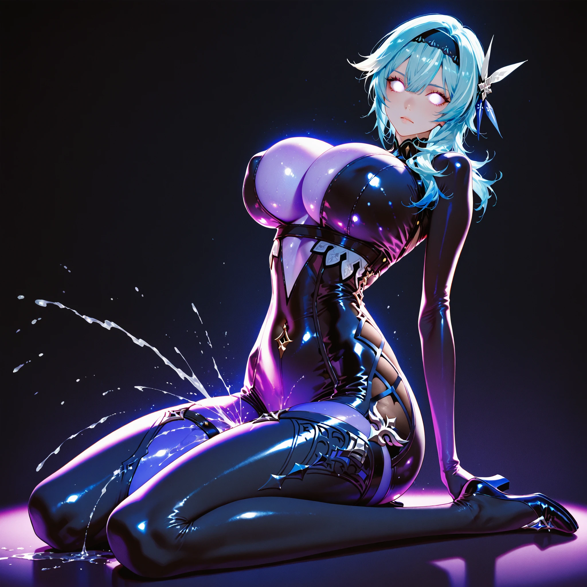 { 1girl, (high angle:1.3), (glowing translucent tentacles, squeeze breasts:1.6), (spread legs:1), (oral sex, breast job, vaginal:1.6), (swallow tentacle penis bulge:1.4), (a lot of cum:1.8), (internal ejaculation, x-ray vagina:1.6) }, { (masterpiece:1.6), (best quality:1.9), (photo realistic:1.9), (8K resolution:1.6) }, { (neon-color side lighting:1.2), (cinematic lighting:1.2) }, { beautiful 24yo, ((glowing blue eyes)), (smiling:1.3), (eyes rolled up:1.2), (open mouth:1.4),(tongue out:0),(weeping:1.3),(eyes rolled up:1.3), (shiny skin:1.4), ((slender body)), gigantic breasts, (neon color hair:1.2), (straight long hair) }, { (translucent:1.6) leotard, off-shoulder, see-through pantyhose, neck choker }