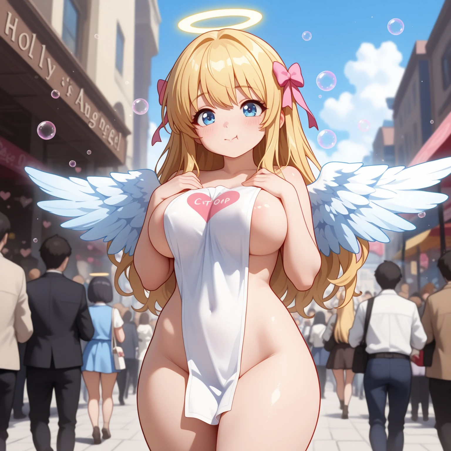 Anime. 1 Girl. Cute girl. Angel. Slave. Blonde. Long hair. Blue eyes. Beautiful eyes. Perfect eyes. Expressive eyes. Ideal face. Snotty nose. 16 years. Big breasts. Beautiful breasts. Pointy ears. She's having her period. Her crotch is bleeding. There is a small red stain of menstrual blood on the panties. Menstrual blood flows down the thighs. Bloody urine. Ideal anatomical body. Beautiful long legs. The whole body is covered with scars. Angel wings. White wings. Dirty tunic. Torn tunic. dirty panties. Torn panties. Barefoot. Slave collar. Shackles. Standing. Full height. Fantasy. City. Street. Many people. Beautiful character design. Shiny skin. Full body. nsfw. Scat. Official art. Extremely detailed CG Unity 8k wallpaper. Ideal lighting. Ultra high resolution 4K. Super detailed 8K. A high resolution.