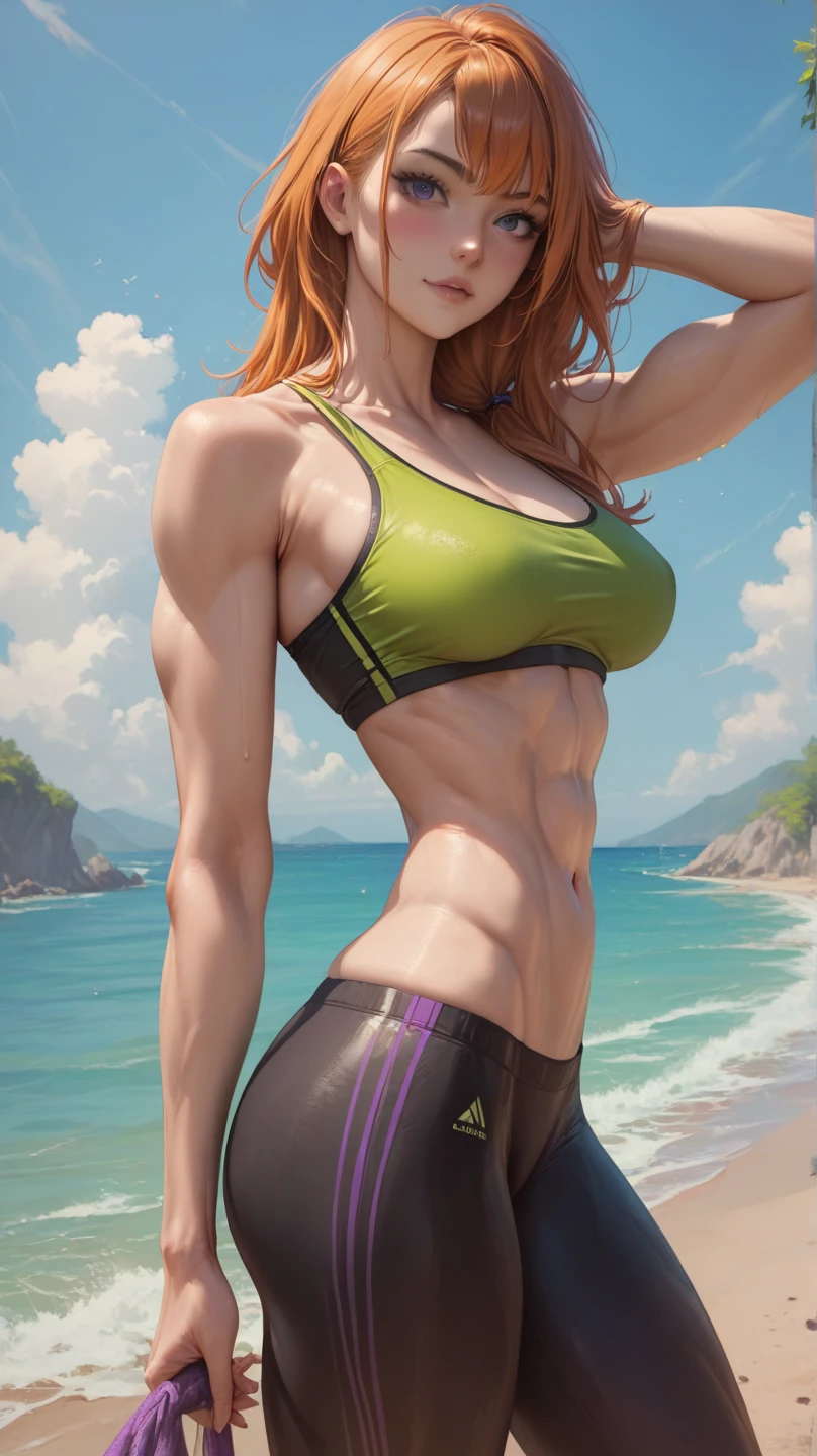 lara croft, athletic, abs, Sexy girl full face, with glossy skin, standing on cliff, long brown hair ponytail, green tanktop, brown shorts
