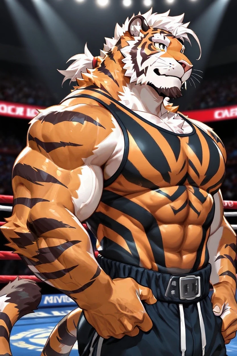 there is a cartoon of a tiger and a dog wrestling, furry chest, muscular wolf hug muscular tiger back, muscular wolf stand behind, hug from behind