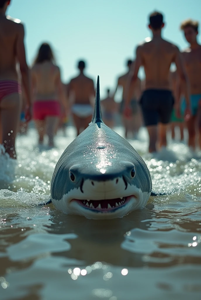 Here is a prompt:

"A brave  named Timmy is on a mission to save his terrified white furr cat, Whiskers, from the jaws of a fierce shark that has suddenly appeared on the beach. With a surge of adrenaline and a quick thinking, Timmy uses his surfboard to defend Whiskers and chase the shark back into the ocean."The boy killed the shark and saved the cat. The shark was in pool of blood after the boy climbed it and killed it. All the people in beach appreciated the boy