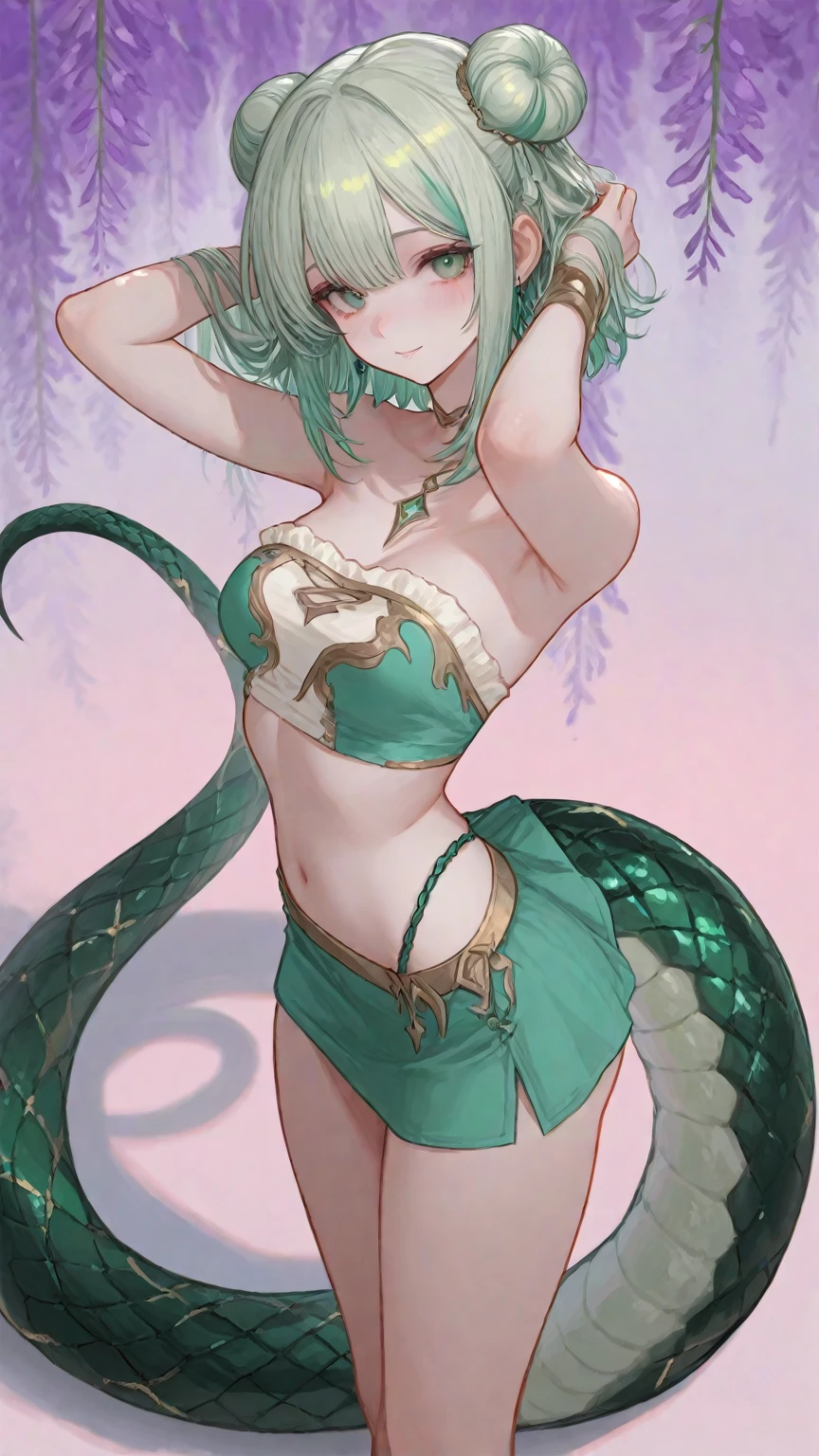 Alone woman, large breasts, monk, red horns, jade hair ponytail, yellow slingshot bikini, martial artist, shaolin monk, scales on the arms and legs, half-dragon, human, green dragon tail, black belt at the waist