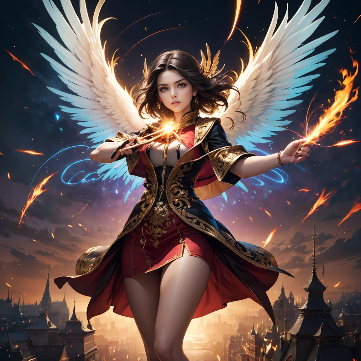 tmasterpiece,超高分辨率,Beautiful woman with wings archery,She floated in the air with the flames,The delicate facial features are beautiful and moving,Clear skin is smooth and delicate,Barefoot,A person whose body contour is on fire,The beauty of celestial bodies that appear in flames,No cover,The wind blows the skirt,on fire,Flying Beauty,Fire Phoenix,beautiful feathers,massive wings,Phoenix Nirvana in the flames,Wings shine in flames,Clean and uncontaminated human body,She was not dressed,The feathers adorn the huge wings,Fly in the air,The characters shine,Fire under your feet,Depth and spatial level,The background is only the sky,There are clouds,Light flame,火焰,The picture background is clean and flat,A unique perspective,