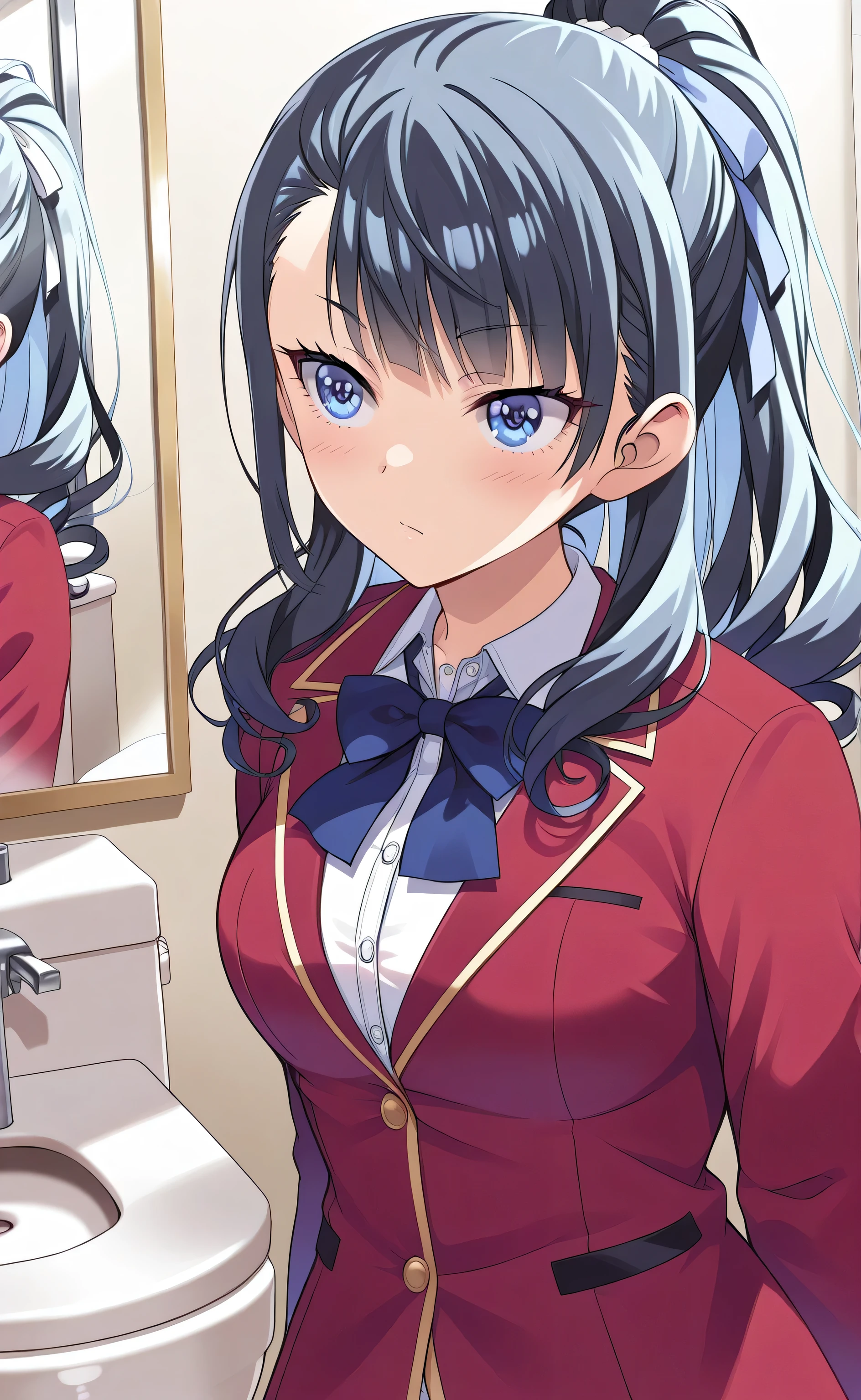1girl,solo,Rena Mizunashi,black hair,Long hair,Pony tail hair,curly hair,Blue eyes,Red blazer,white shirt,blue ribbon,Mirror,Toilet,school,Classroom of the Elite