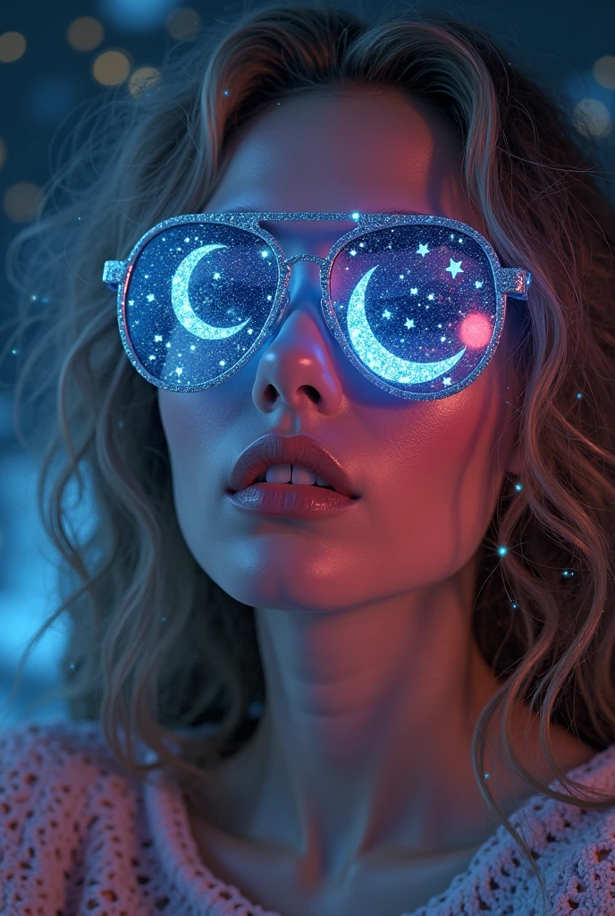 The model is wearing glass sunglasses with stars and the moon on the glass