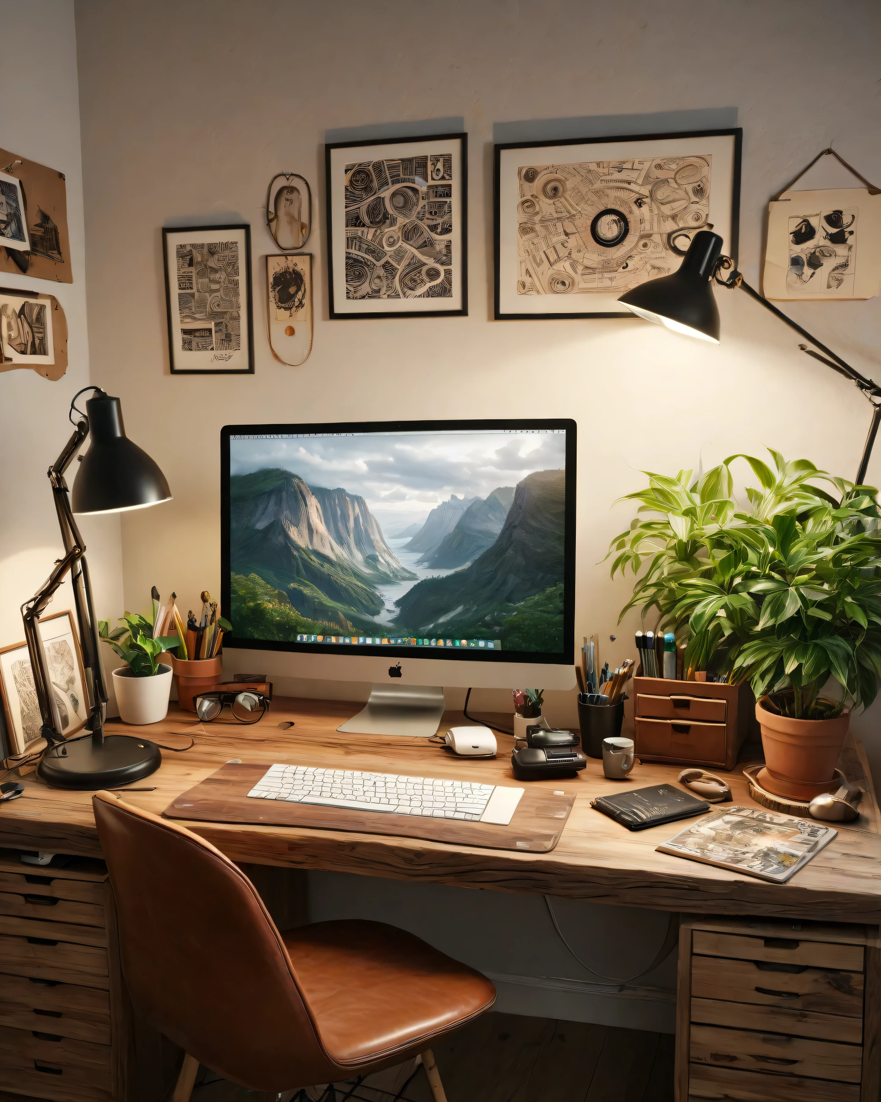 Realistic , photorealistic, Top quality, ULTRA-DETAILED, creative workspace, wooden solid wood desk, iMac 27", Wacom graphics tablet, leather organizer, vintage desk lamp, stack of design books, art prints on the wall, live plants , warm evening light