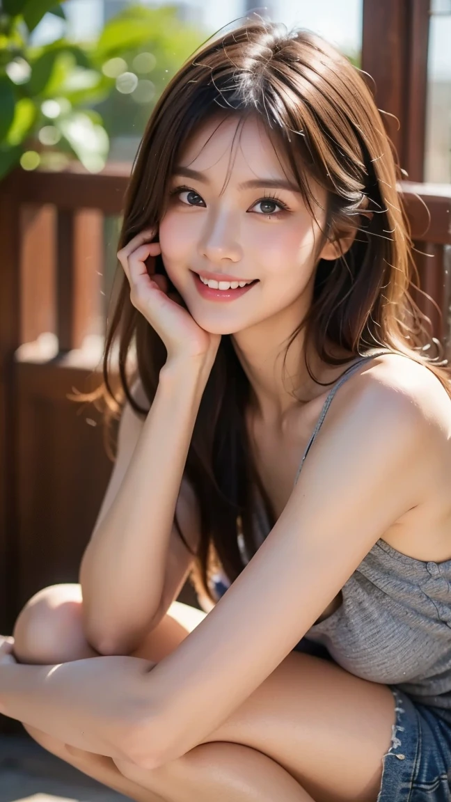 Japanese Girls、the way、(（highest quality，masterpiece，超A high resolution）)，（Realistic：1.4），1 girl，Head to Knee，Dynamic posture，Adult face，slim，thin、(smile)，（Shiny skin），（overview，frontage，Twilight），Gray Hair，Long white hair，Rainbow Eyes，Large Breastini skirt)，(Clear Eyes)，(Beautiful nose)，(Transparent lips)，(Fair skin)，(Ultra-realistic woven texture)