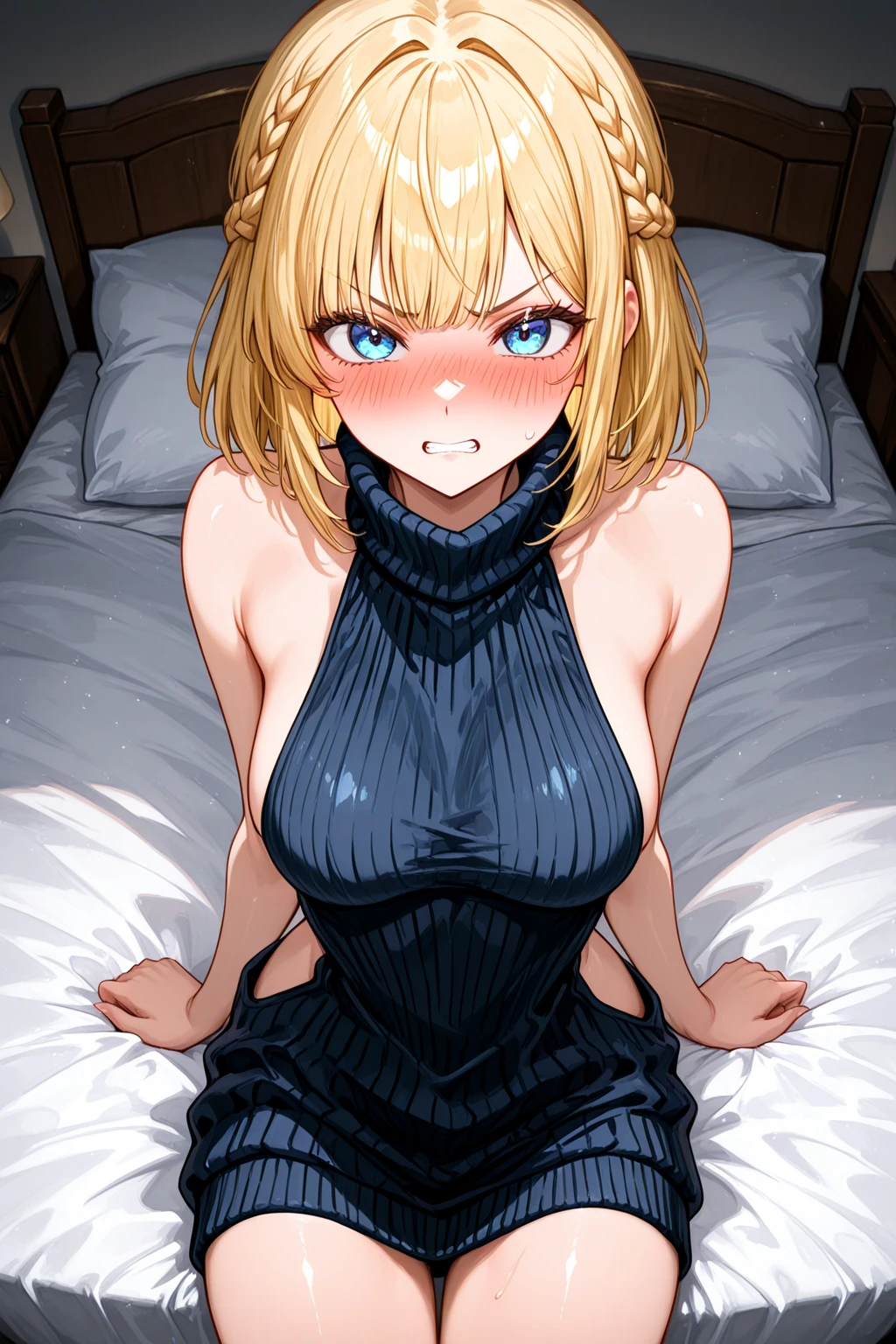 a 20 yo, blonde hair, bob hair, (black dress, strapless), show cleavage, dark theme, smoothing tones, muted colors, high contrast, natural skin texture, hyperrealism, soft light, sharp, retro, Dark Blue. Show big thigh, plump body. Sitting on the bed. Closing mouth. Polaroid.
