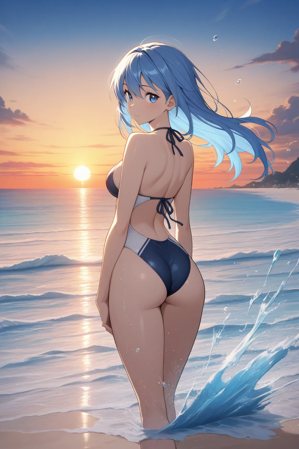 1girl, solo, long hair, breasts, looking at viewer, bangs, blue eyes, large breasts, hair between eyes, bare shoulders, very long hair, swimsuit, full body, ass, white hair, thighs, outdoors, lying, sky, barefoot, day, looking back, cloud, from behind, feet, tree, blue sky, legs, one-piece swimsuit, bare arms, bare legs, toes, ocean, on side, beach, soles, sand, palm tree, white one-piece swimsuit