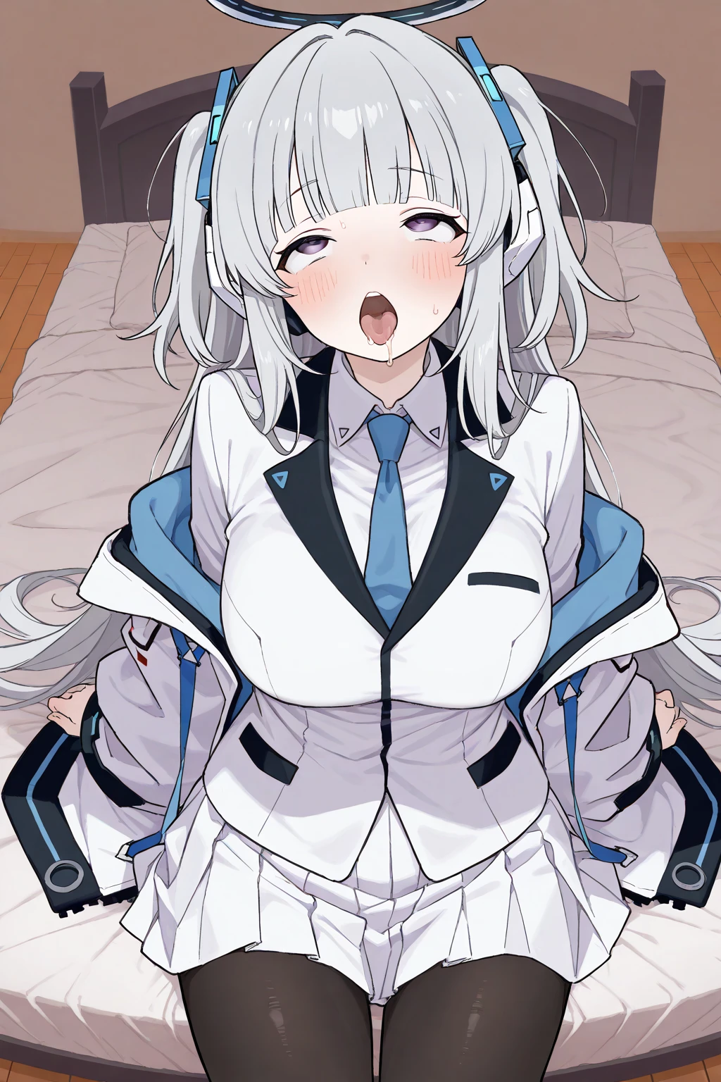 riding machine, 1girl, solo, breasts, sweat, tears,heart-shaped pupils, ahegao, steaming body, v-arms, ultra-detailed eyes, aanoa, long hair, (white hair:1.5), headgear, mechanical halo, medium breasts, blue necktie, white shirt, off shoulder, white jacket, open jacket, long sleeves, white, black pantyhose