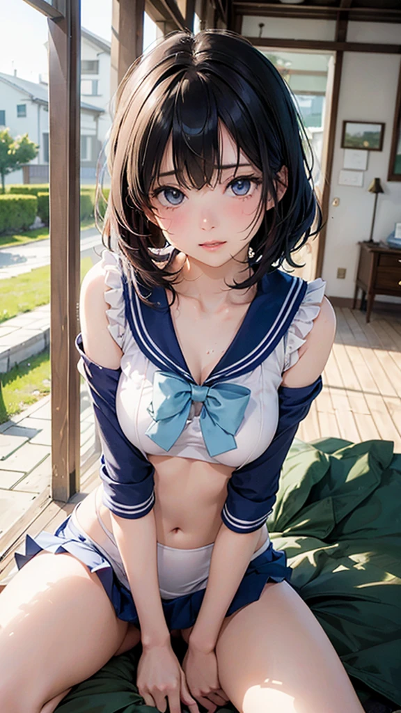 very cute and beautiful girl,(highly detailed beautiful face),serafuku,navy blue pleated kirt lift,white panties),(smile),blush,looking at viewer,black hair, antique hotel bedroom,gorgeous furnitures,balcony,ocean view,detailed landscape, (best quality,masterpiece:1.2),absurdres,highres,ultra-detailed,extremely detailed,32k,8k resolution, intricate details,cinematic scene,detailed background,solo,dynamic angle,perfect hands,