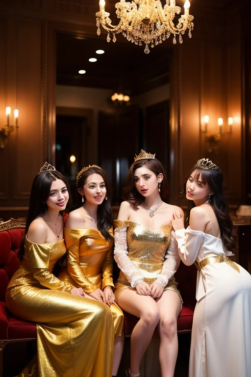 Elegant girl sitting in the gold chair with a wide background ang in the background put ELLEZY