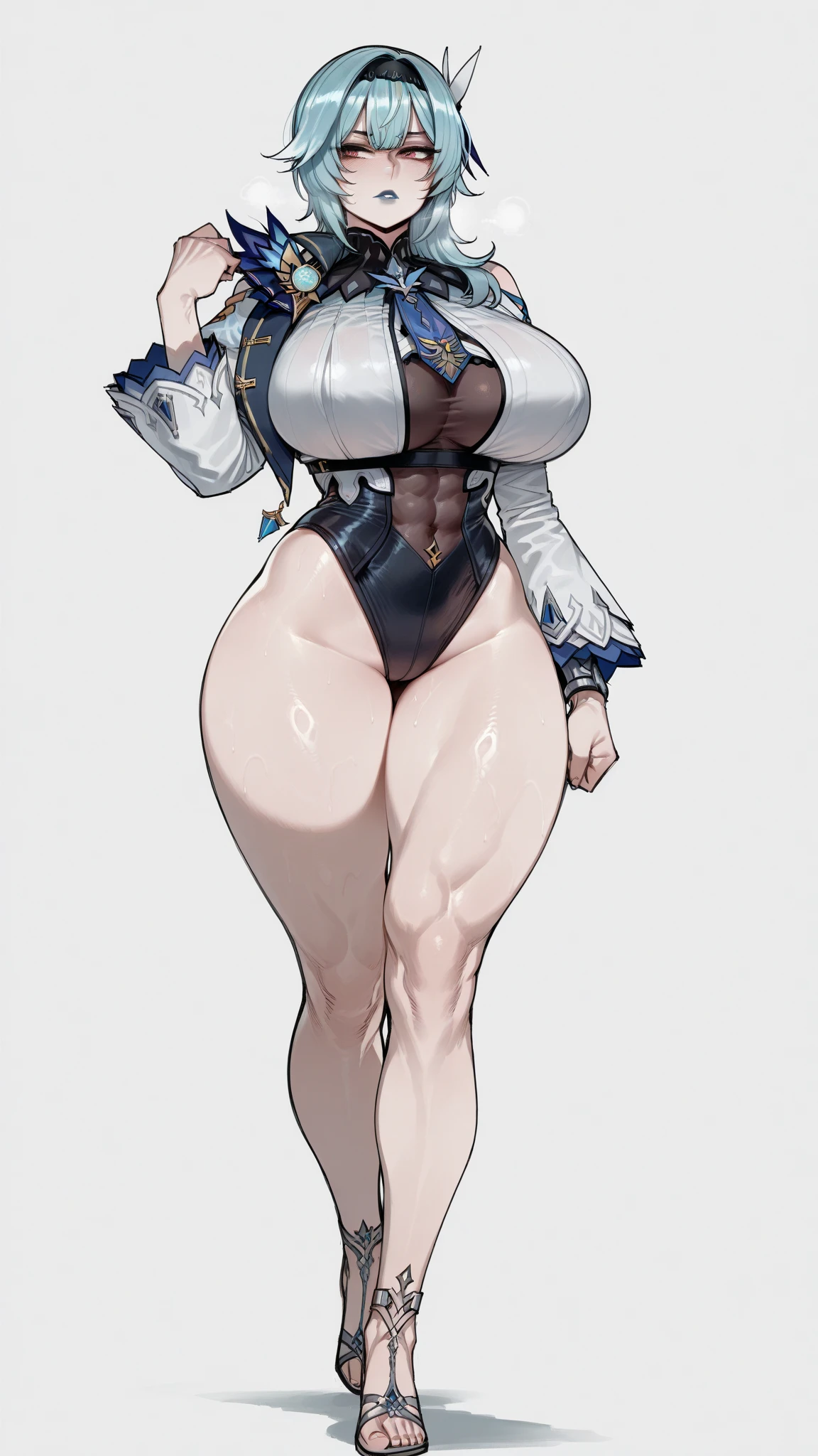 (masterpiece), best quality, female warrior, huge girl, female muscular:1.2, shoulder armor, pauldron, ((curvy:1.3)), (((blank background))), ((full body)), fingerless gloves, sandals, sleeveless, covered nipples, ((buzzcut hairstyle)), purple hair, hair over eyes, ((thick thighs:1.4)), ((camel toe)), (cleavage), 
