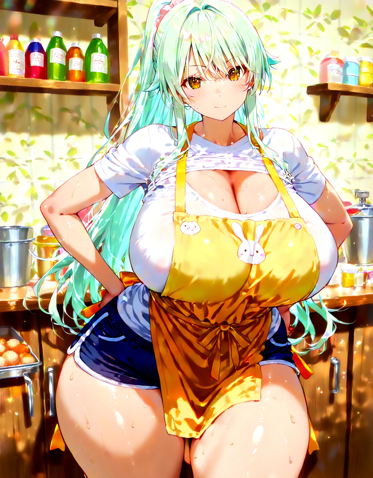 ((1 girl)), perfect face, young woman, realistic photo, beautiful face, perfect face, masterpiece, in front of a bar, ((barrista)), bea pokenon, (by white), (((full body shot))), ((green nude apron)), toned body, giant breasts, deep neckline, ((lactating milk)), ((Extremely long legs)), short hair, sale, kneeling on the ground, head against the ceiling, ((gigantic:1.3)), hands on the ceiling, grow taller, lean forward