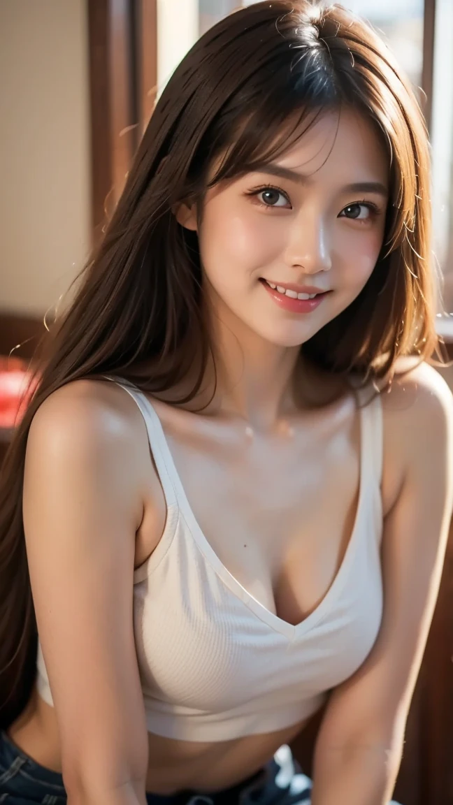 高いest quality, masterpiece, ultra 高い resolution, (realistic:1.4), 20-year-old,1 girl,Super 高い quality,8K,thinウエスト,thin脚,thin and beautiful arms,beautiful fingers,sale eye makeup,thin,Medium chest,soft chest,mini skirt,brown long hair,thinジャケット,realistic,picture media chest)),((toothy smile)),((big smile))