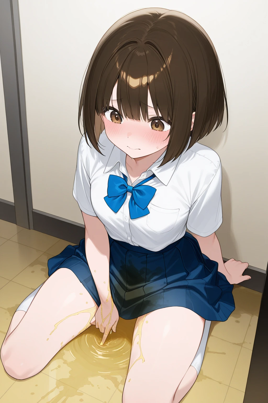 Composition from the side,1girl,1boy,face to chest,indoor,toilet,1girl,closed mouth,standing,orgasm,,Navy Blue Blazer,White shirt,Pink ribbon,Grey Skirt,skirt lift,show panties,blue and white stripe panties,pussy juice,{{{Peeing}}},Leaning forward,shy,blushed,twin tales, brown hair,red eyes,eyebrows visible through hair, {flat chests}, 1boy,look her pussy,white face,black hair,black eyes,white skinned,young aged man,