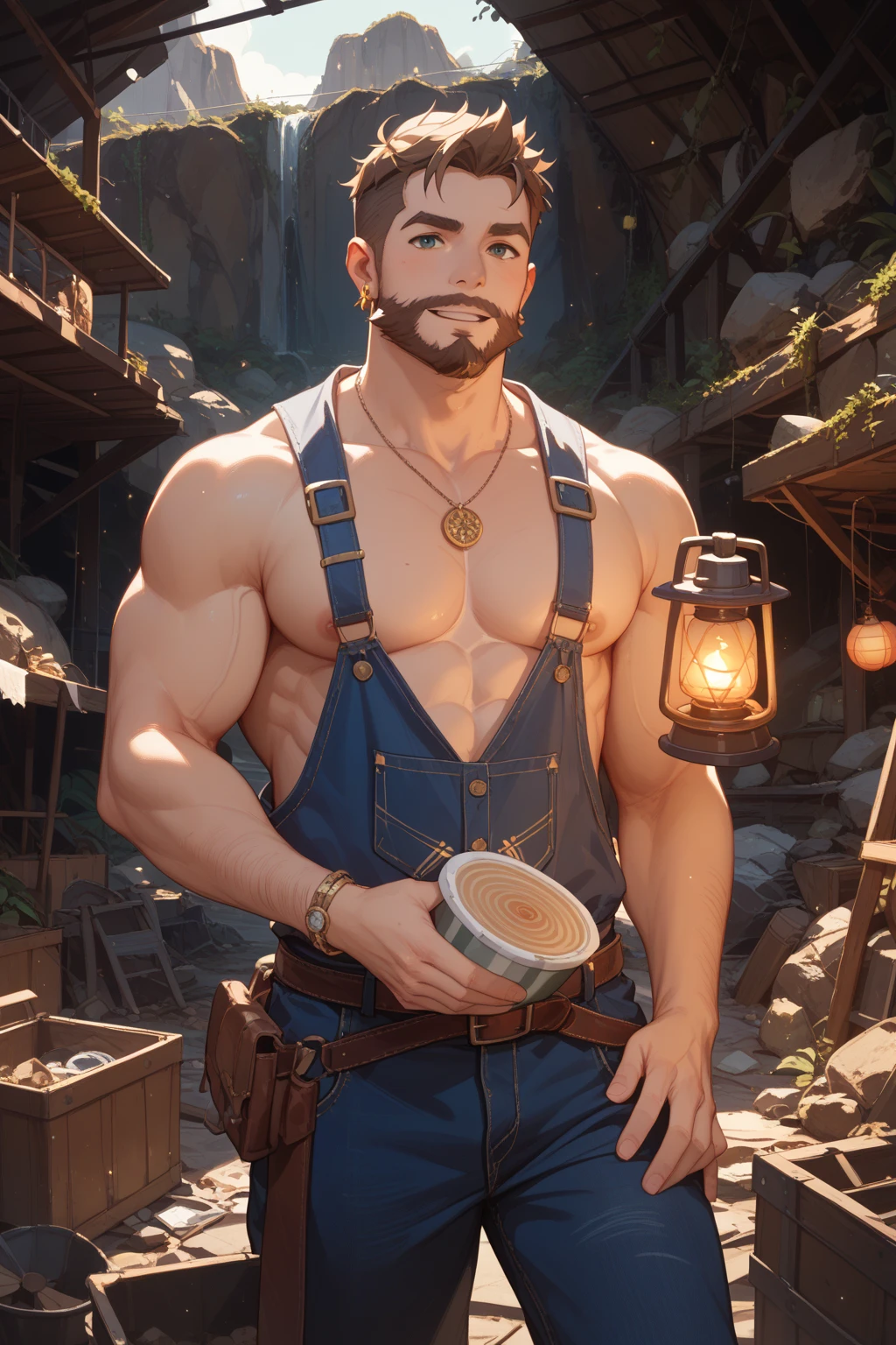 Solo, male, sitting at tavern, bulge, by bigcozyorca, by goonie-san, by bebebebebe, by spikedmauler, front view, big buff , dragon, ebony black fur, black fur, bushy tail, buff, wearing brown fantasy leather armor, tall, masculine, bulge, sexy, sexy expression