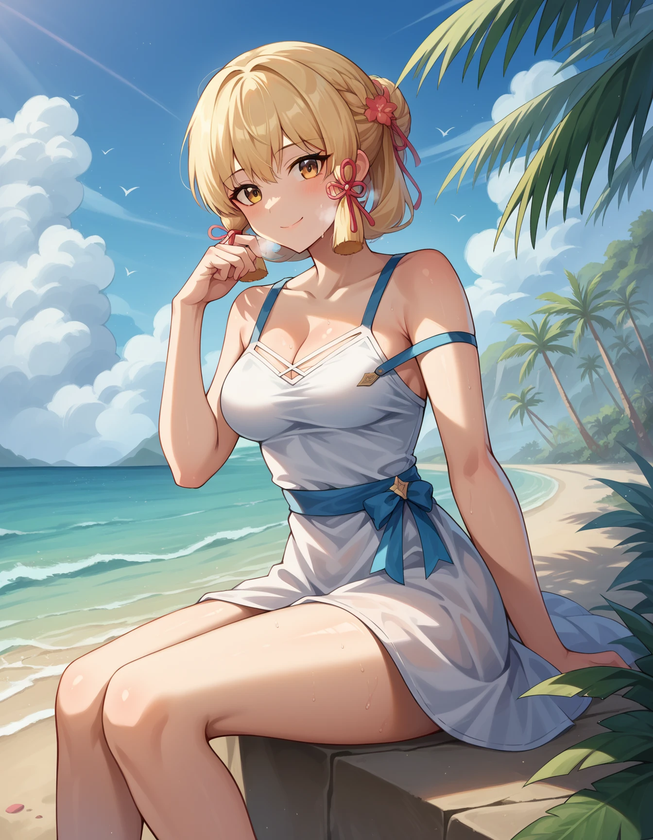 score_9, score_8_up, score_7_up, rating_safe, rating:general, 1girl, solo, blonde hair, bob cut, bangs, smile, seaside, pink one-piece swimsuit, cowboy shot