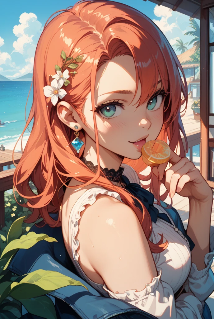 (Highest quality,4K,8K,High resolution,masterpiece:1.2),Super detailed,A 32-year-old woman、(((mature female))), (((milf))), (((tareme))), Best Bust、large breasts, Beautiful Eyes、orange hair、moss green eyes、Red lips, ((pony tail)), (drill hair), ((forehead)), Look at the photographer、 Very cute face, Glossy Lips, Double eyelids on both eyes,Natural smile、 Natural Makeup, Long eyelashes, Shiny and smooth hair、Center image, Perfect limbs, Perfect Anatomy、off-shoulder-tops, short pants、In a seaside café、cowboy shot,