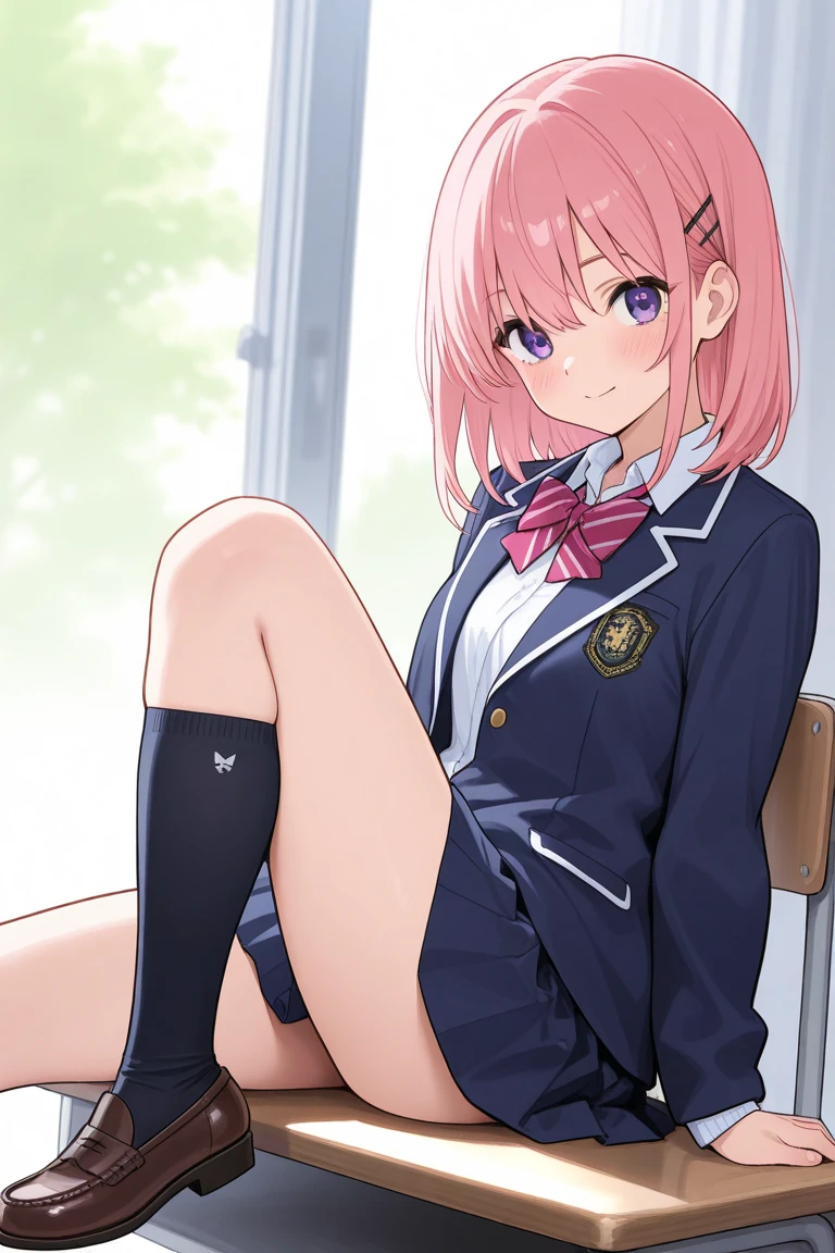 nsfw,cherry blossom cream, Primary school students、8-year-old with short hair, ribbon, Green Eyes, hair ribbon, Pink Hair, Ahoge,
, shirt, white shirt, collared shirt, Jacket, Long sleeve, Captivating smile,masterpiece,Noise Reduction,Perfect Anatomy,High resolution, Very detailed,Game CG,Beautiful attention to detail,Visual Arts,
1girl、 Cowboy Shot、(Pussy、pussy)、(from below),(arms behind back)、Hands folded behind your back、Sit on a chair、Spread your legs、(White panties),(embarrassed,angry)、