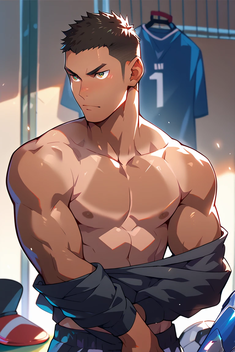 anime guy with a Big breasts and no shirt on, 蓝眼睛的高个子cartoon男人, Fluffy chest, cartoon帅气的男人, 帅气的cartoon姿势, Naked chest, muscular!!, cartoon, 男性cartoon角色, Big breasts, V-neck dress, Medium shot of handsome guy, muscular!, a muscular, muscular!!!, fairly muscular, Perfect body
