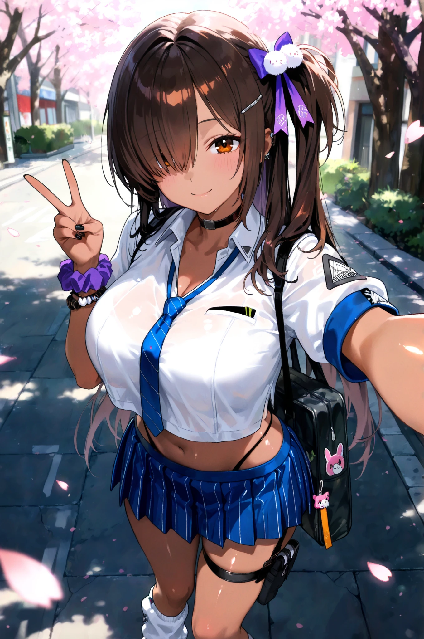 The most beautiful and sexy school girl, blue hair, orange eyes, dark skin, huge gigantic tits, cleavage showing, wearing highly detailed and sexy school uniform and backpack, tons of tattoos and piercings, school campus, cherry blossoms blowing in the wind, highly detailed background, perfect masterpiece, high quality, high resolution