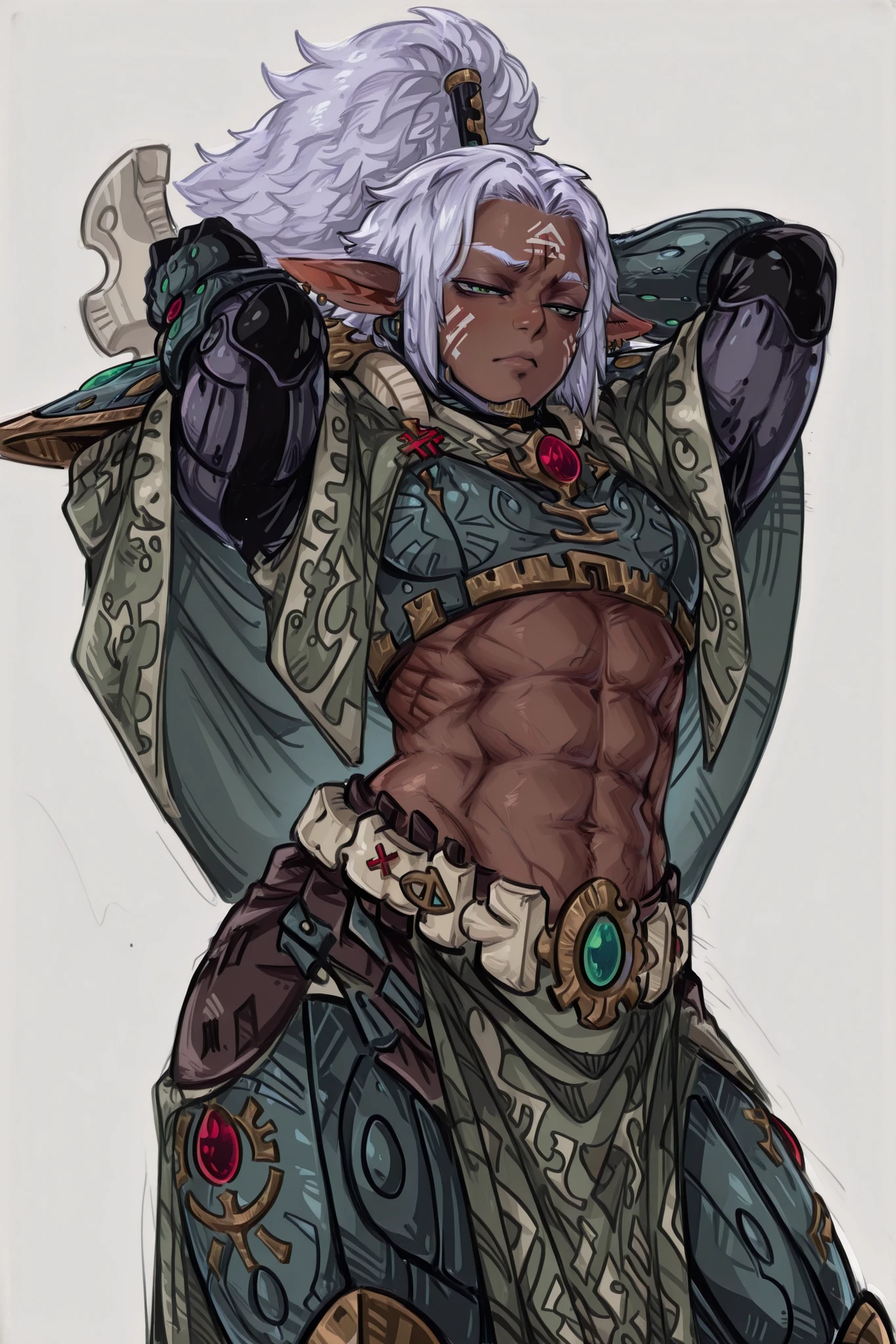 kurenaiz, Drunkr3mbr4ncer, masterpiece, best quality, amazing quality, very aesthetic, high resolution, ultra-detailed, absurdres, newest, 1man, male focus, ((ONLY MALE)), male character, grown young man, solo, flat chest, little masculine, slightly broad shoulders, aeldari-Il, eldar, Aeldari Exodite warrior, dark skin, green eyes, lilac hair, elf sharp ears, medium hair, pumped up, muscular build, defined abs, exposed midriff, form-fitting Aeldari armor, full power armor, greaves, calm expression, exotic alien design, bone wraithbone plates, animal fur cloak, tribal markings, simple background, detailed armor patterns, dynamic pose, BREAK,