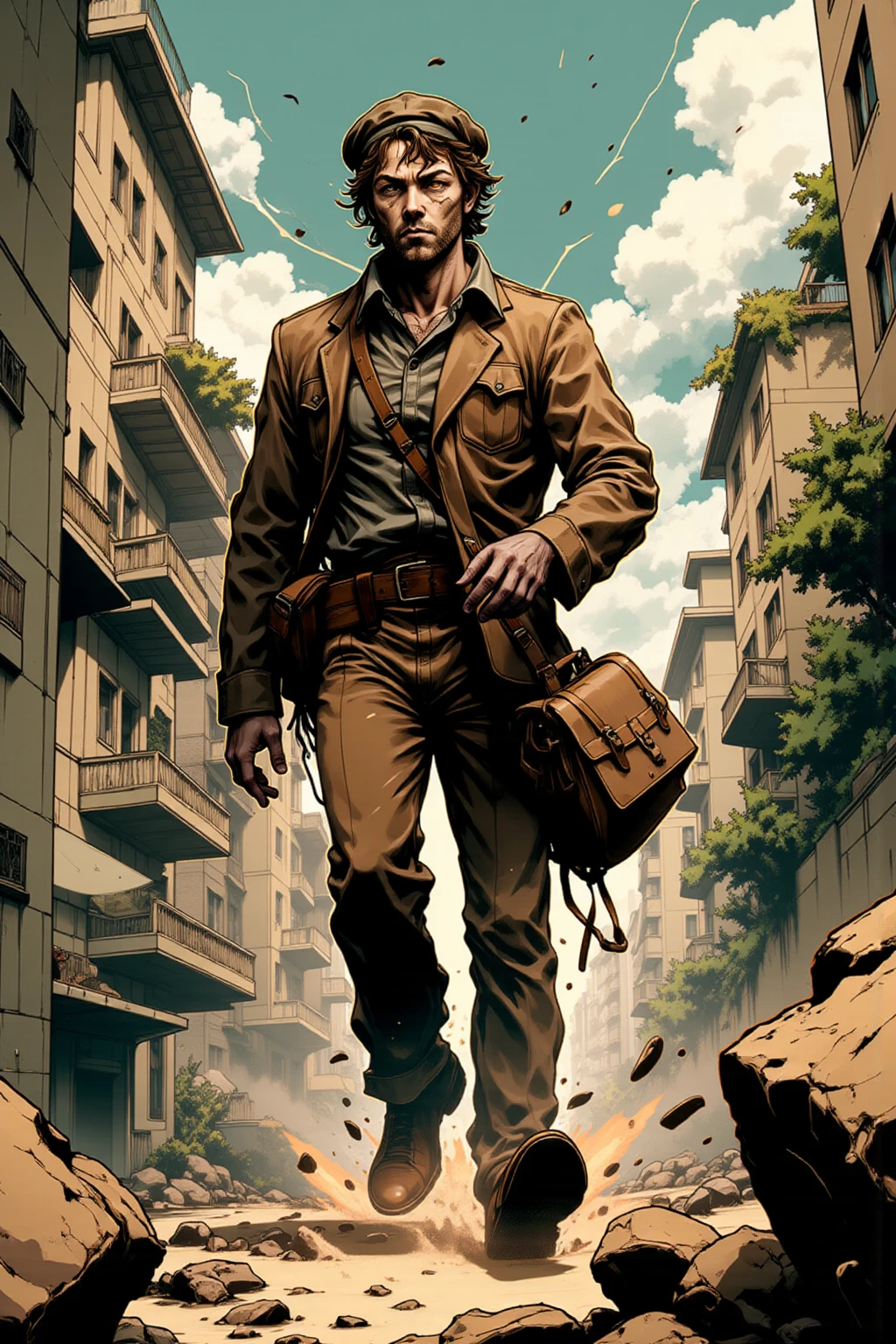 Rainer Braun in full growth, in army uniform, stands at the edge of the universe, depression, despair
