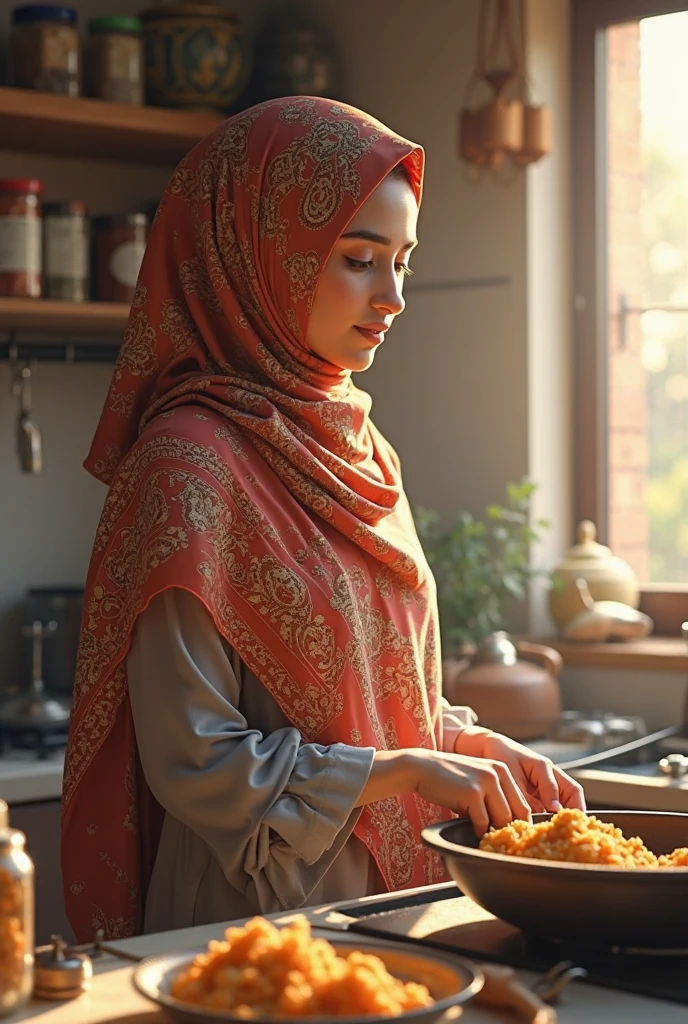 I need a photo of biriyani with some steam in the bottom I need a hijabi girl back keeping the biriyani