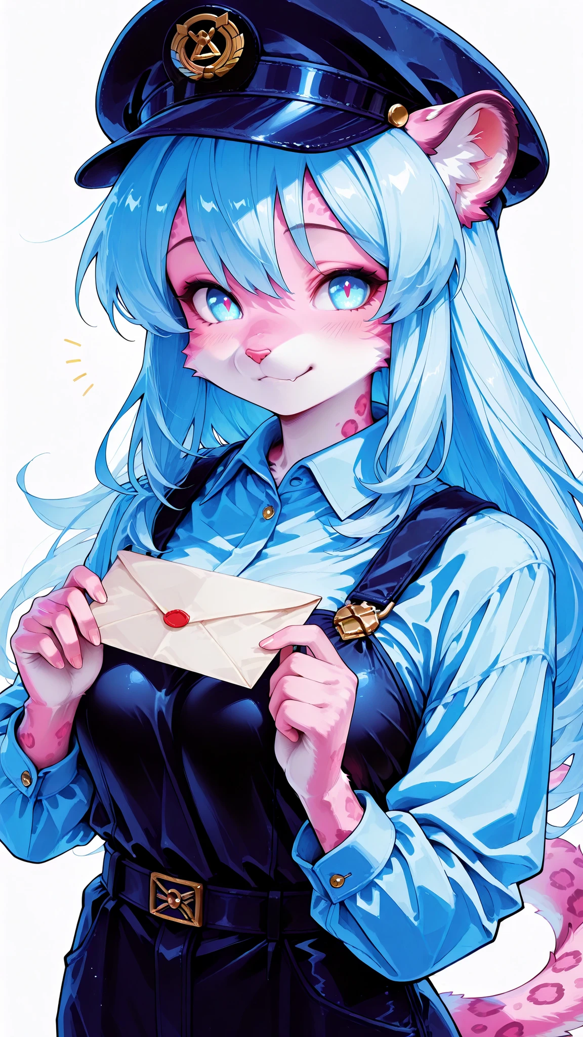Farley, Kemono, ((hat, light blue collared shirt, dark blue slacks)), Fluffy Fur, cute panther girl, Hold the letter, Fluffy Furの可愛い豹の女の子、Postal worker、Farley、natural expression、Dynamic、serene atmosphere、charming eyes、Soft Texture