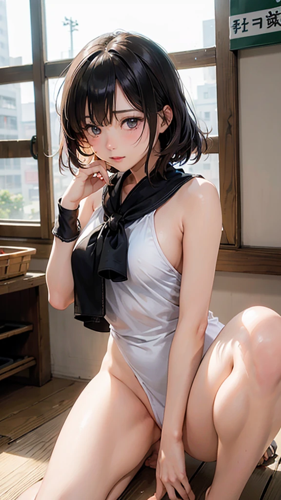 (masterpiece:1.2, Highest quality), (Realistic, photoRealistic:1.4), Beautiful illustrations, (Natural Side Lighting, Cinema Lighting), Browsing Caution, 
View your audience, 1 Girl, Japanese, high School girl, Perfect Face, Cute and symmetrical face, Shiny skin, 
(Twin tails:1.4, Black Hair), Hair between the eyes, Purple eyes, Glowing Eyes, Big eyes, Long eyelashes, (Medium Chest), thin, 
Beautiful Hair, Beautiful Face, Beautiful details, Beautiful clavicle, Beautiful body, Beautiful breasts, Beautiful thighs, Beautiful legs, Beautiful fingers,  
(Beautiful views), evening, (School),, (Cute Smile, Upward glance), ((tits、Nipples))、NSFW1.3、((naked))、(((Black thigh-high socks)))、whole body、Leg spread、((M字Leg spread))、(((Moriman))),((front))、squatting、open legs