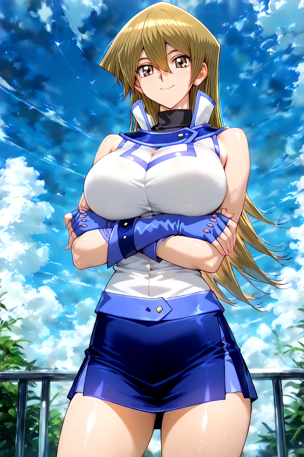 (masterpiece, high quality:1.2), intricate detailed,
NinaAslato, 1girl, elf, solo, standing, (arms behind head:1.2), cowboy shot,
looking at viewer, determined, teeth,
pointy ears, blonde hair, long hair, purple eyes, jewelry,
tiara, blue turtleneck leotard, miniskirt, two-tone dress, elbow gloves,
huge breasts, curvy,
fantasy, hills, outdoors, sun, waterfall, complex background,
<lora:NinaAslato:0.9>