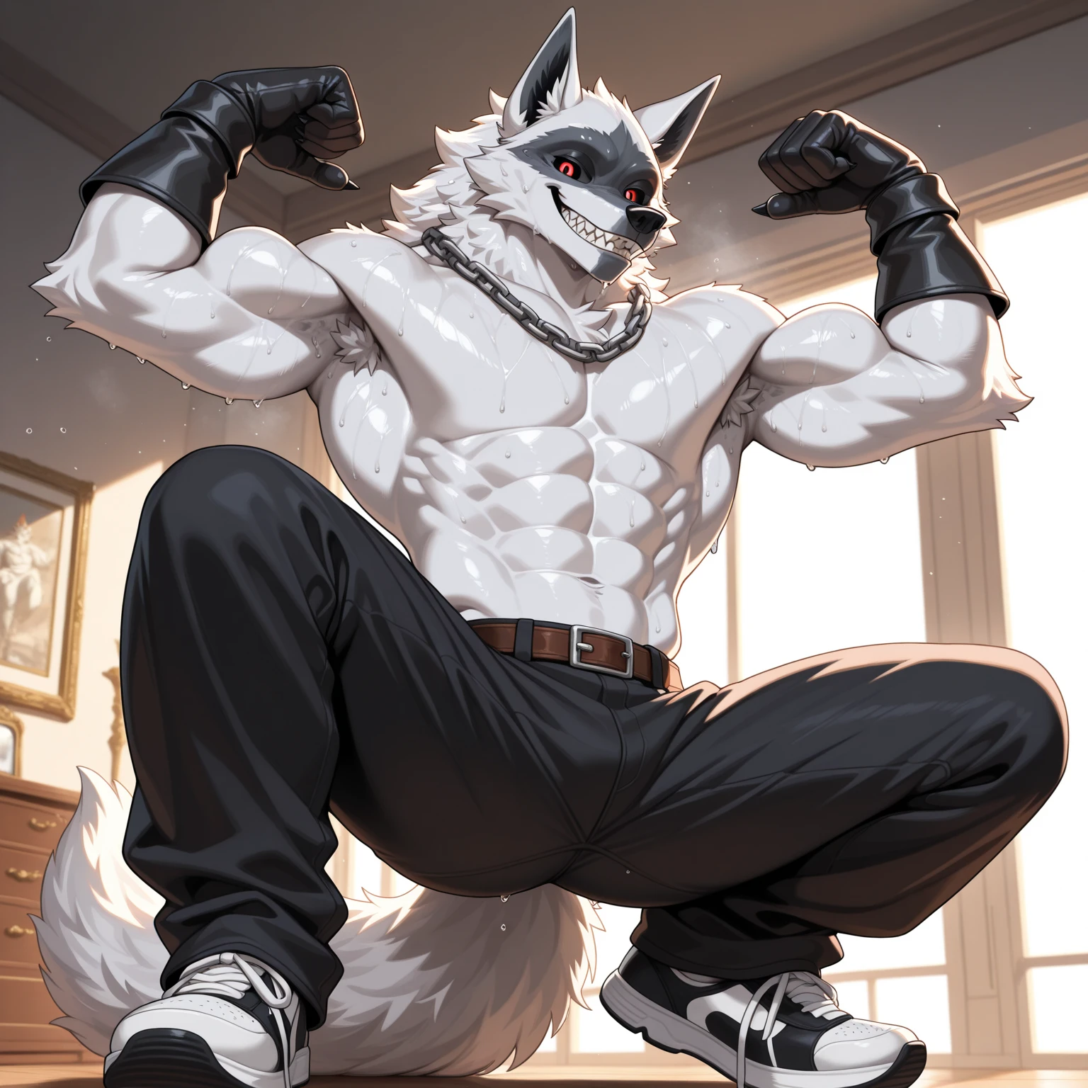 (upload on e621), (((black arm band with buckles on biceps))), (((black arm band with buckles on forearms))), (((hips straps))), (Masterpiece), (best quality), (ultra high res), 4K, (8k HD), 2D, (perfect anatomy), (digital art), (official art), (extreme detailed), (ultra detailed), (strapsanime), color, (soft shading), (sharp focus), (((inside gym fitness background))), 1man, black body fur, (((black muscular arms))), white pecs and belly, detailed fluffy fur, (ultra detailed face), detailed eyes, detailed iris eyes, detailed blue eyes, white sclera, black pupils, navel, square chin, (((abs))), (((pectoral))), (((flexes muscles pose))), (((black claw nails))), furry husky male, mature male, (((giant size))), (((macro size))), (((full body))), (((black giant bulky muscular body fur))), canid, (((huge black nipples))), (huge muscles), (((hyper muscles))), (((huge pecs))), (((oversize pecs))), (((giant biceps))), canine, canis, mammal, black husky, (((powerful husky))), husky male, fierce face, serious expression, husky anthro, solo, standing, (((black long hair))), (((perfect fingers))), (((five fingers))), (((white hands and fingers))), (((wearing fingerless black leather gloves))), (((black leather fingerless gloves))), (((wears black arm band with buckles on biceps))),  (((wears black arm band with buckles on forearms))),  (((hip straps))), (((wear necklaces three wolf's teeth))), (((black and white underside long husky tail))), (((gray long pants with straps on both legs)))