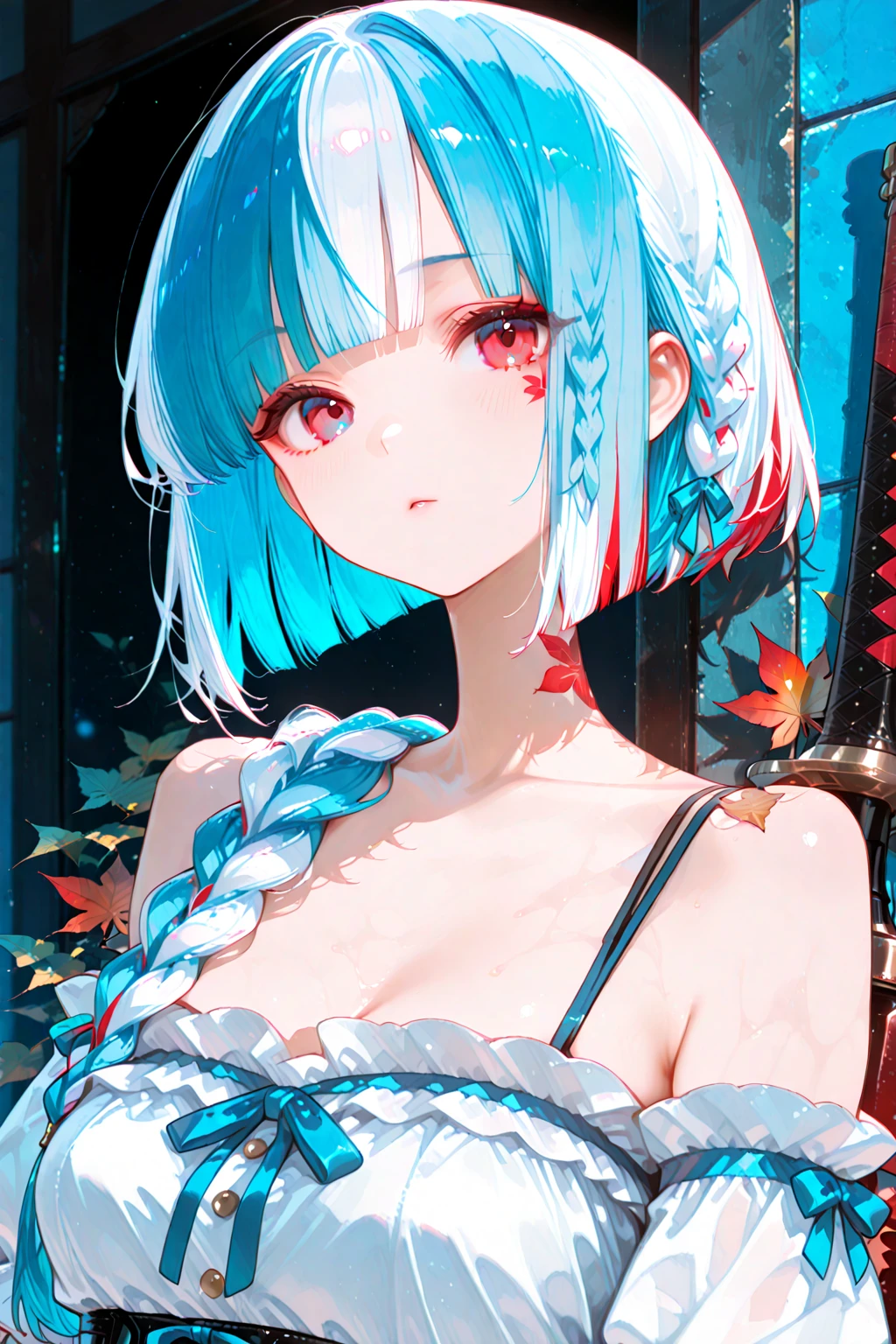 (photorealistic:1.8, highest quality:1.8,8K masterpiece:1.8,High resolution,muste piece:1.8,RAW Photos,cinematic lighting,red and purple dream colors),one young woman、(Pasties、Completely naked、choker、knee high tights、loafer shoes),(beautiful detailed blue eyes:1.7,double eyelid:1.6,Beautiful skin with glowing details:1.2,small face、whole body), 
(from below:1.5,Looking at Viewer:1.5),( midium Hair:1.2、Beautiful shining blue and white hair:1.5), expression(embarrassing、face turns red:1.3),(Moderate chest:1.3), 
Pause(tied to a tree with a rope,red rope、binding:1.6、breast bondage:1.5), 
background(Bright forest with blooming flowers),(detailed perfect face),anatomically correct,correct move:1.5,correct foot:1.5,4 fingers and 1 thumb in correct proportions,(cameltoe),No split screen,slender abs:1.2,(Young sensual gravure idol)