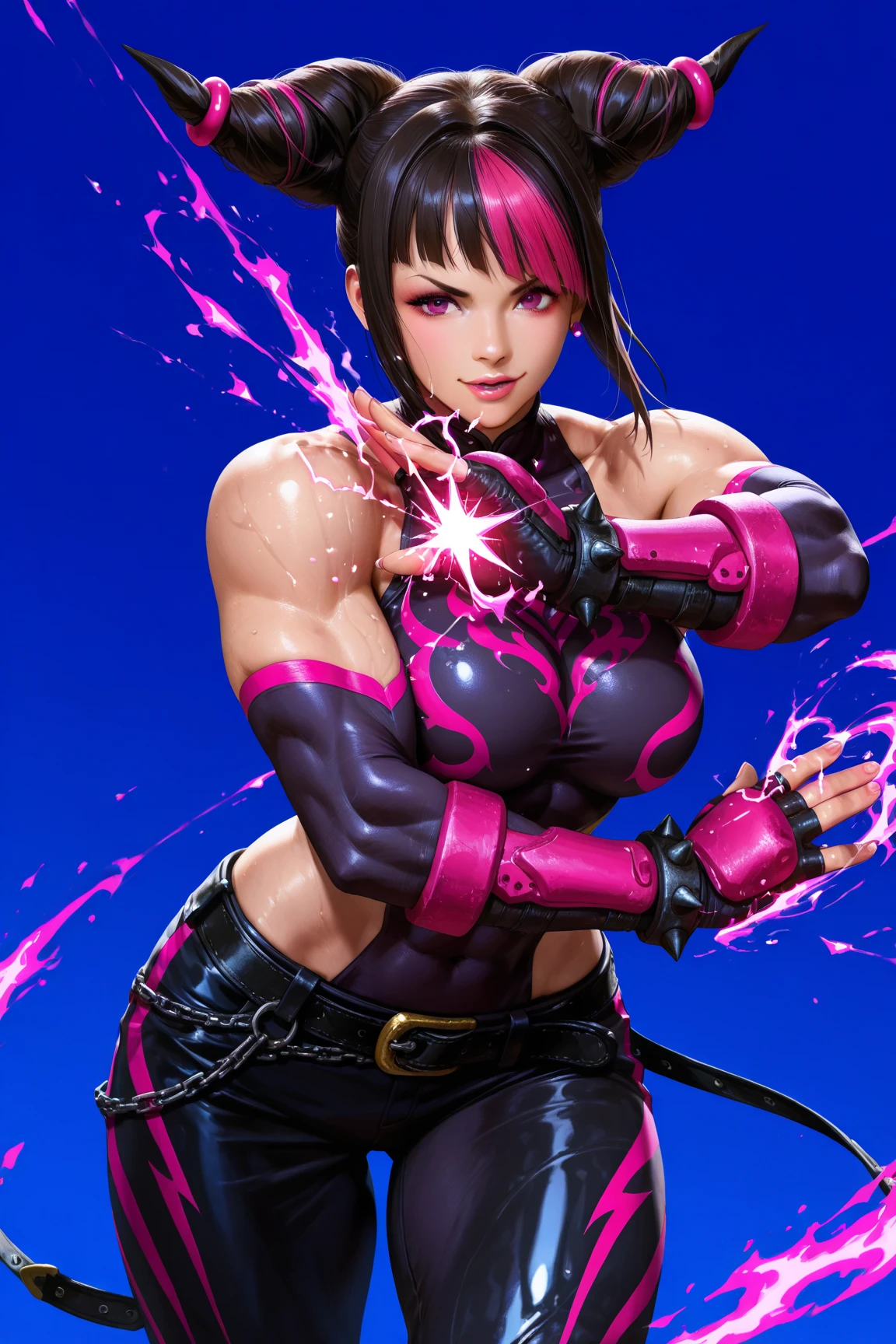 a close up of a woman in a purple and black outfit, juri han from street fighter, juri misaki, fighting game character, extremely detailed artgerm, range murata and artgerm, artgerm 4 k, as a character in tekken, style artgerm, hq artwork, kate bishop, portrait ninja gaiden girl, big ass, bent over, huge hips, latex, big breasts, huge ass